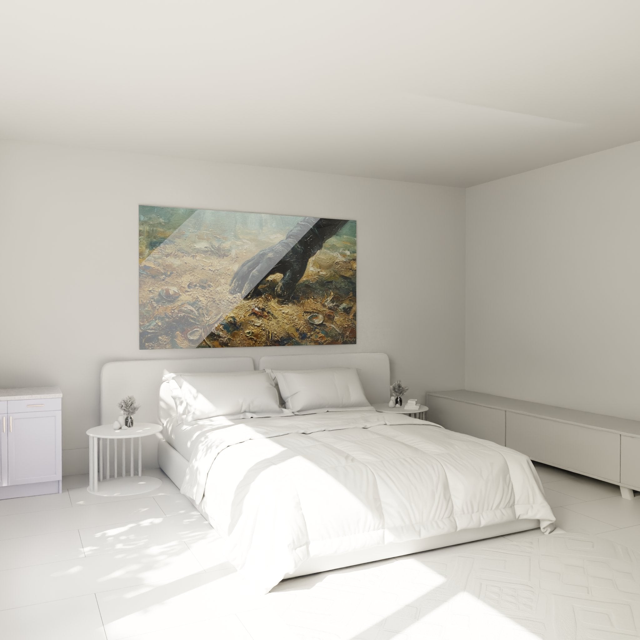 Décoration murale marine dans chambre avec tableau main de plongeur sur fonds océaniques sédimentaires