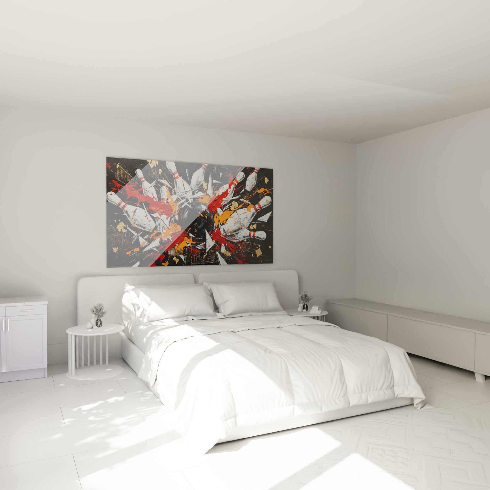 Bowling explosion strike wall art elegantly decorating a modern bedroom with neutral tones