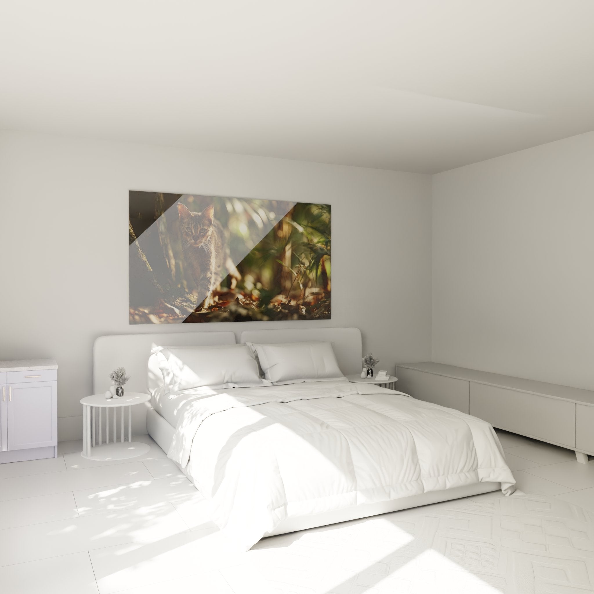 Tableau chat Sokoke dans chambre moderne, décoration murale féline avec lumière naturelle sur mur blanc