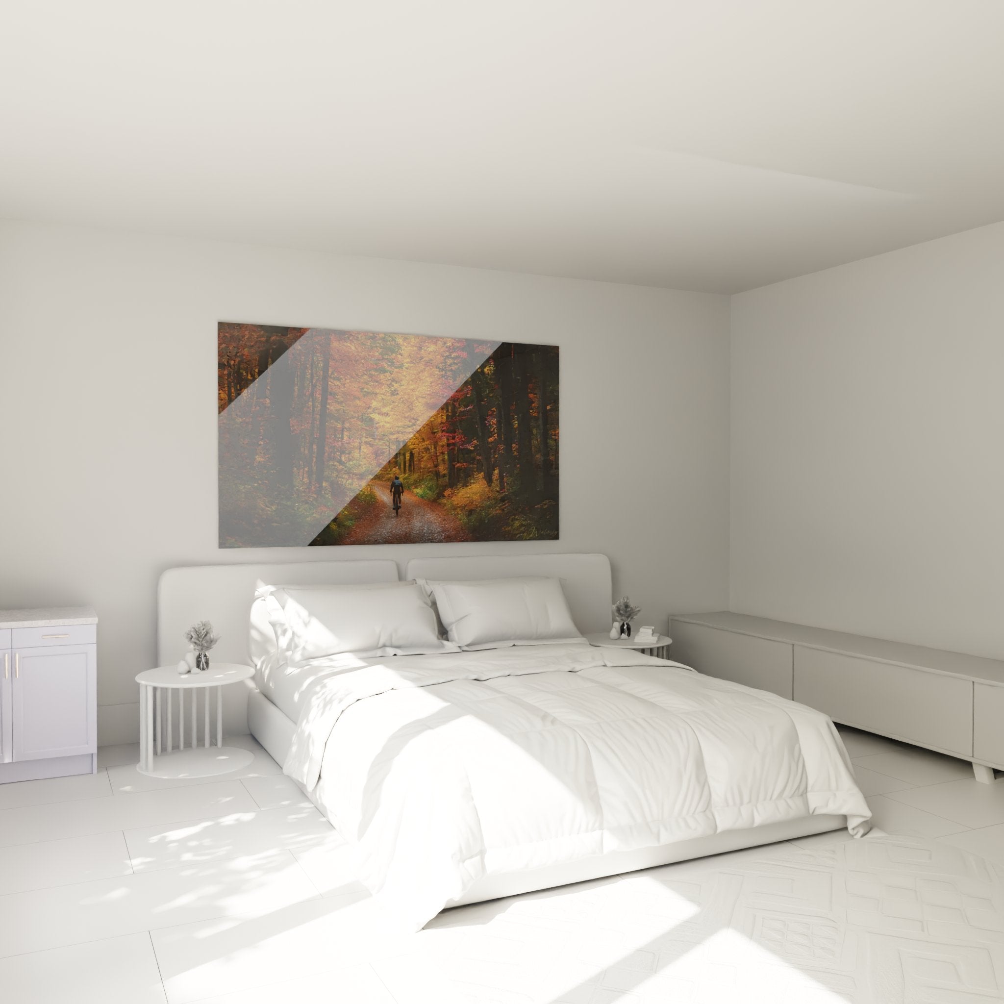 Tableau VTT foret automne dans chambre moderne, decoration murale nature aux teintes chaudes et apaisantes