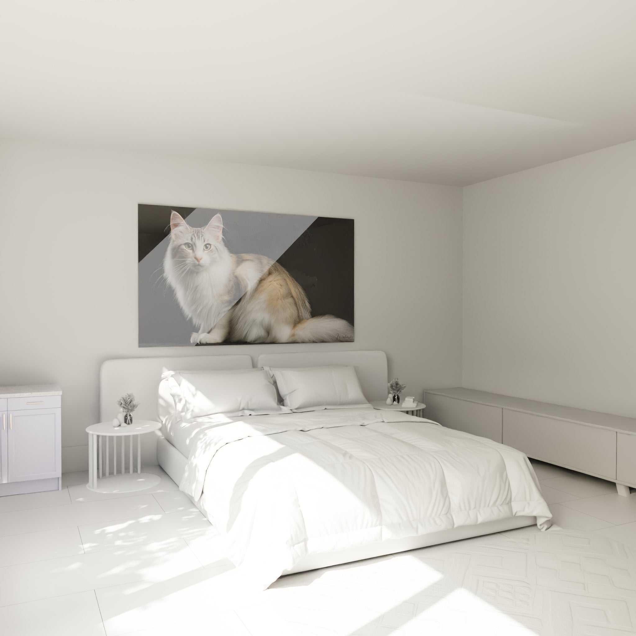 Turkish Angora cat portrait wall art hung in modern bedroom, elegant wall decoration