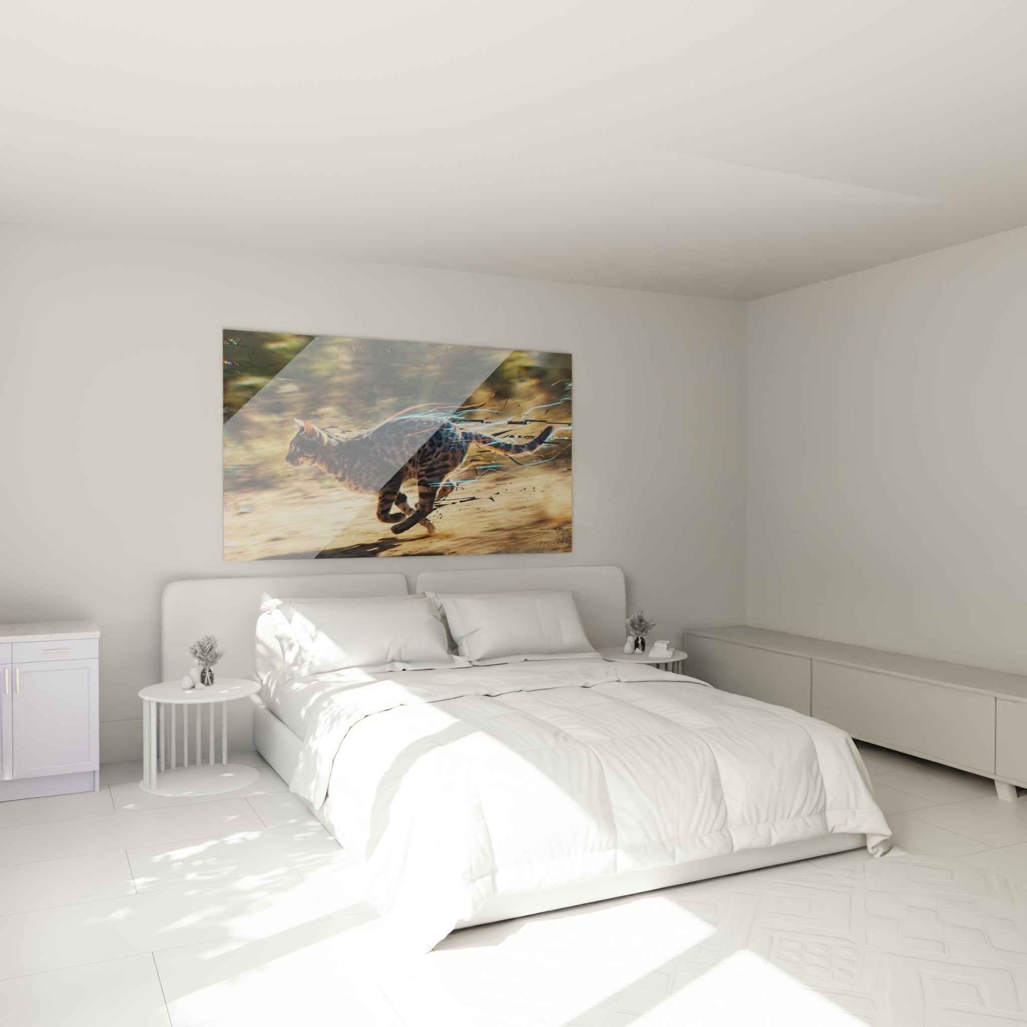 Decorazione murale camera da letto con quadro gatto Egyptian Mau in corsa, atmosfera moderna