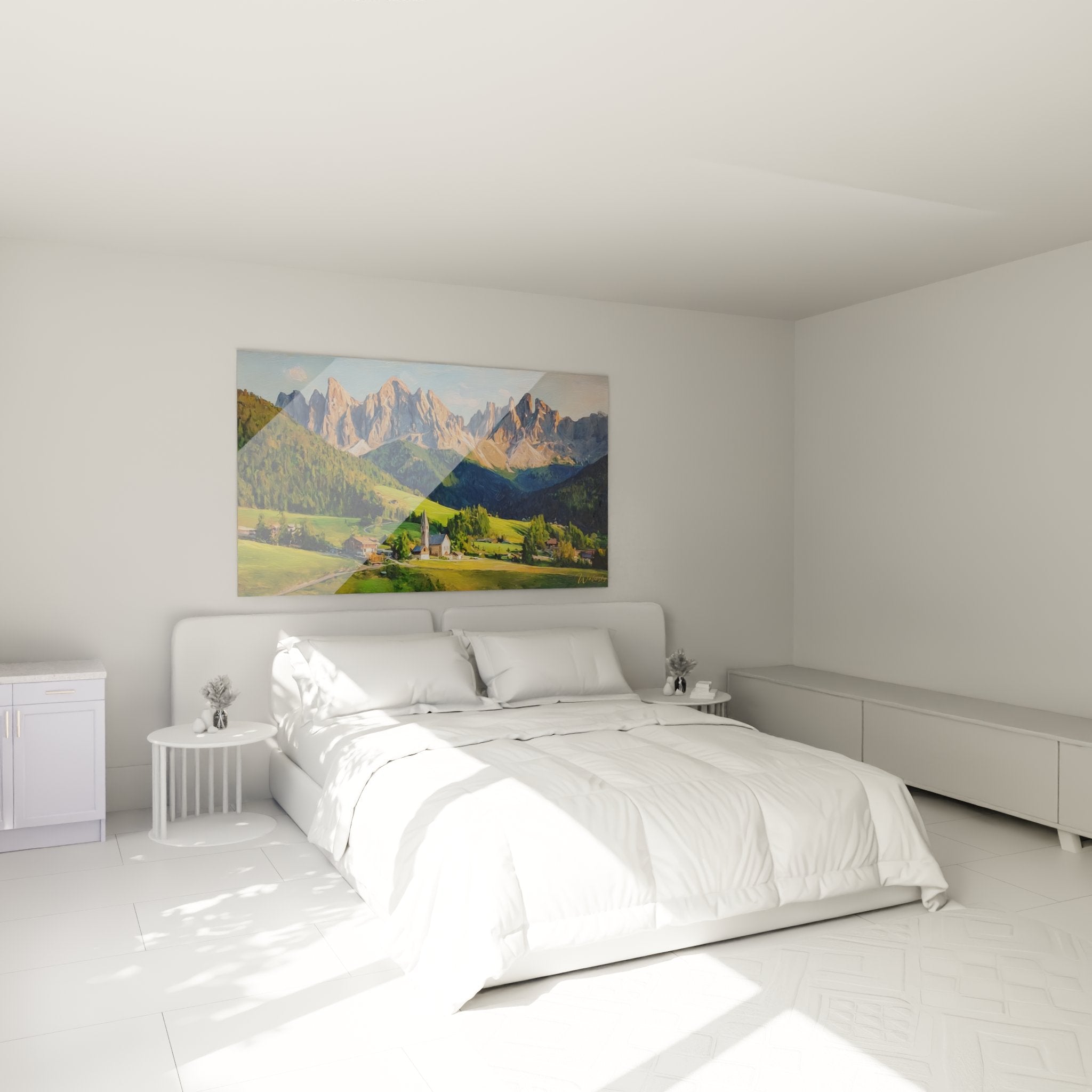 Decorazione camera da letto con quadro villaggio Dolomiti che crea un'atmosfera montana tranquilla e naturale
