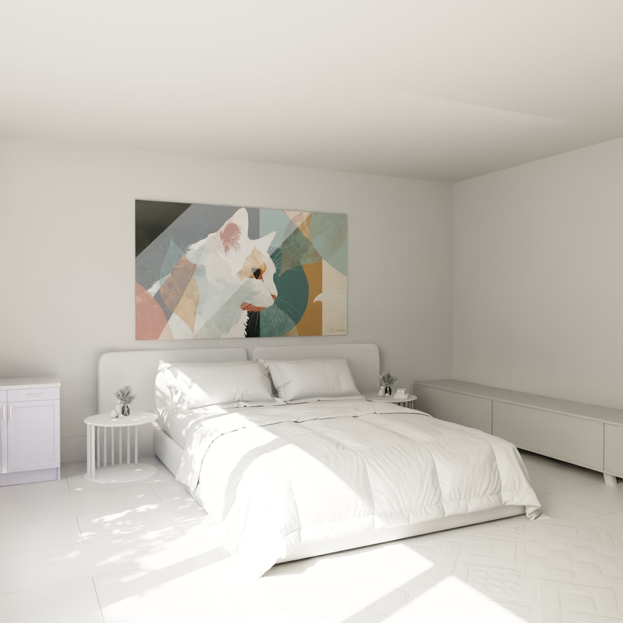 Decoration chambre tableau chat Turkish Van blanc style geometrique ambiance cosy moderne