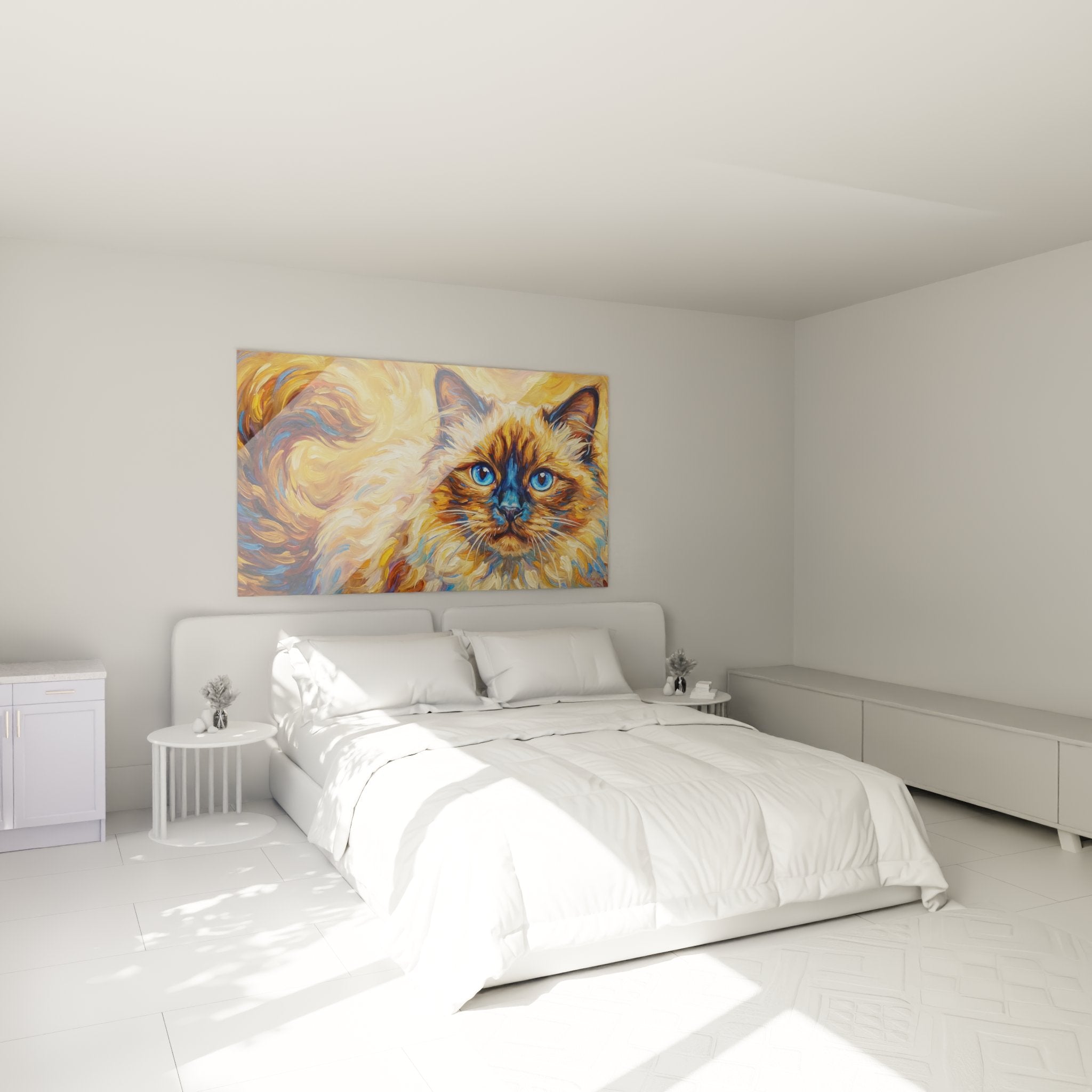 Decorazione camera quadro gatto birmano impressionista tonalità dorate blu atmosfera accogliente