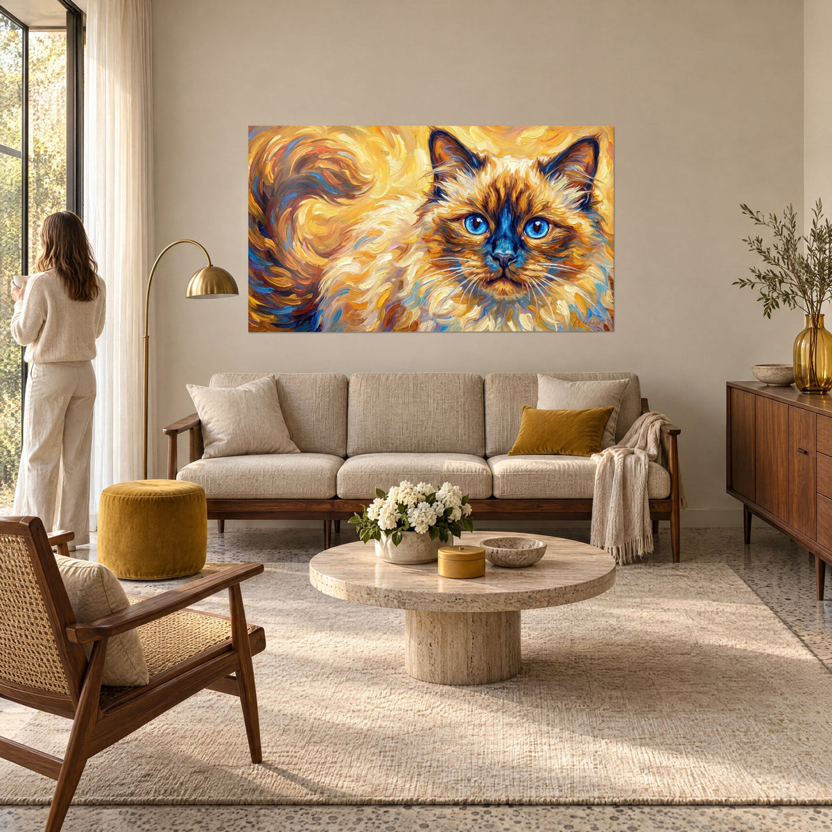 Schilderij van een Birmese kat met saffierblauwe ogen op een wervelende gouden achtergrond, een vrouw van achteren, boven een bank in een lichte woonkamer