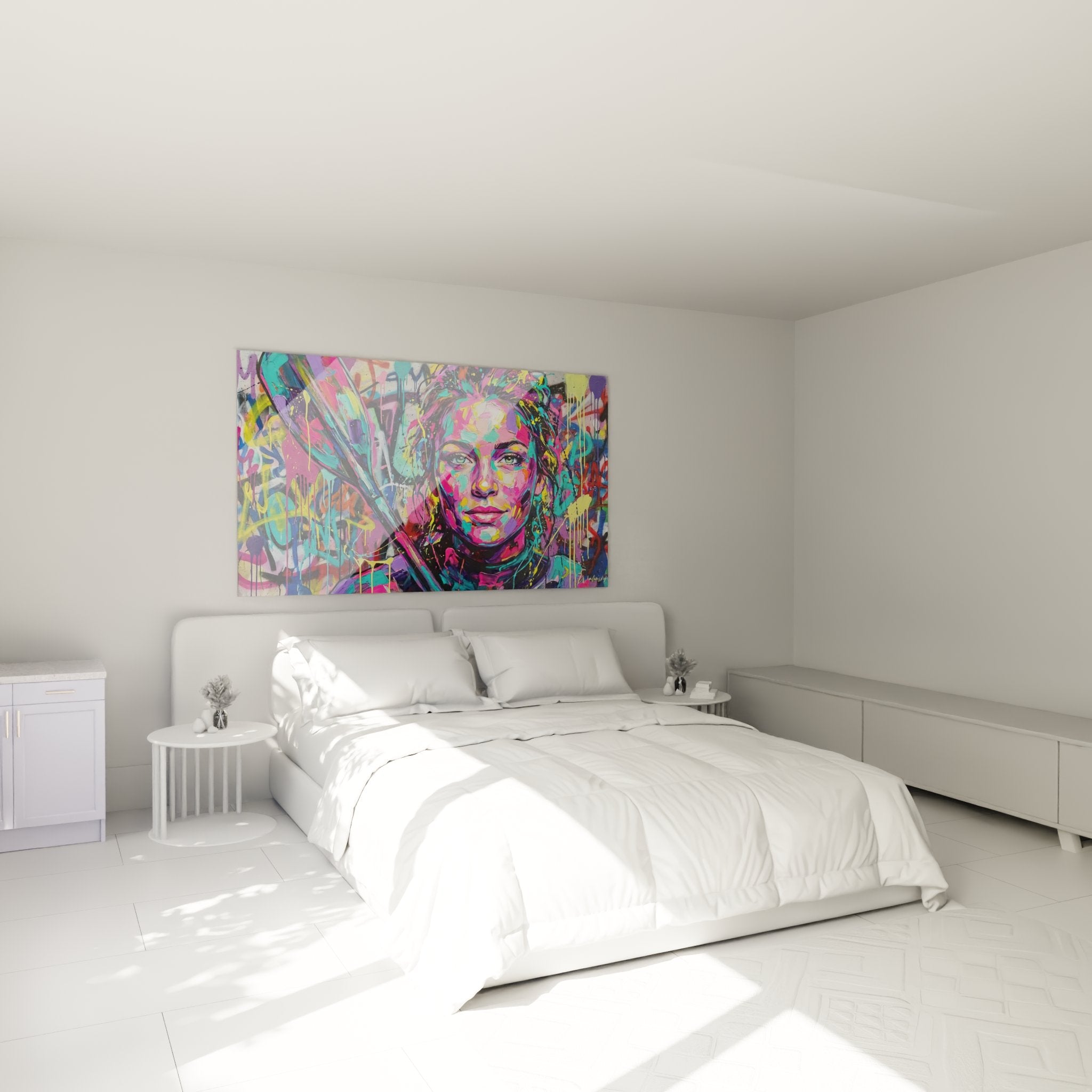 Colorful woman graffiti portrait in modern bedroom as artistic wall decoration