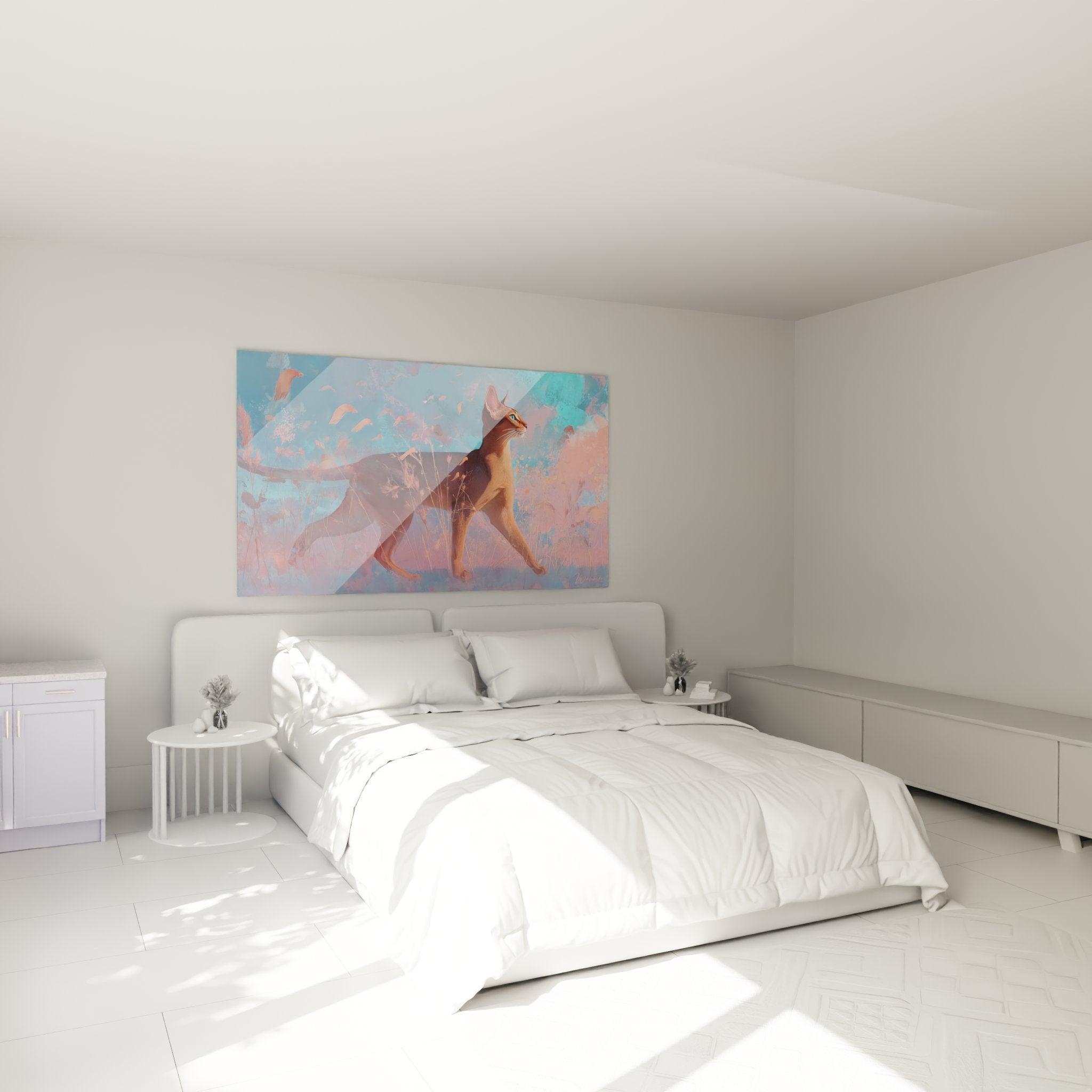 Decorazione camera da letto con quadro gatto Abissino artistico dai colori tenui, atmosfera moderna