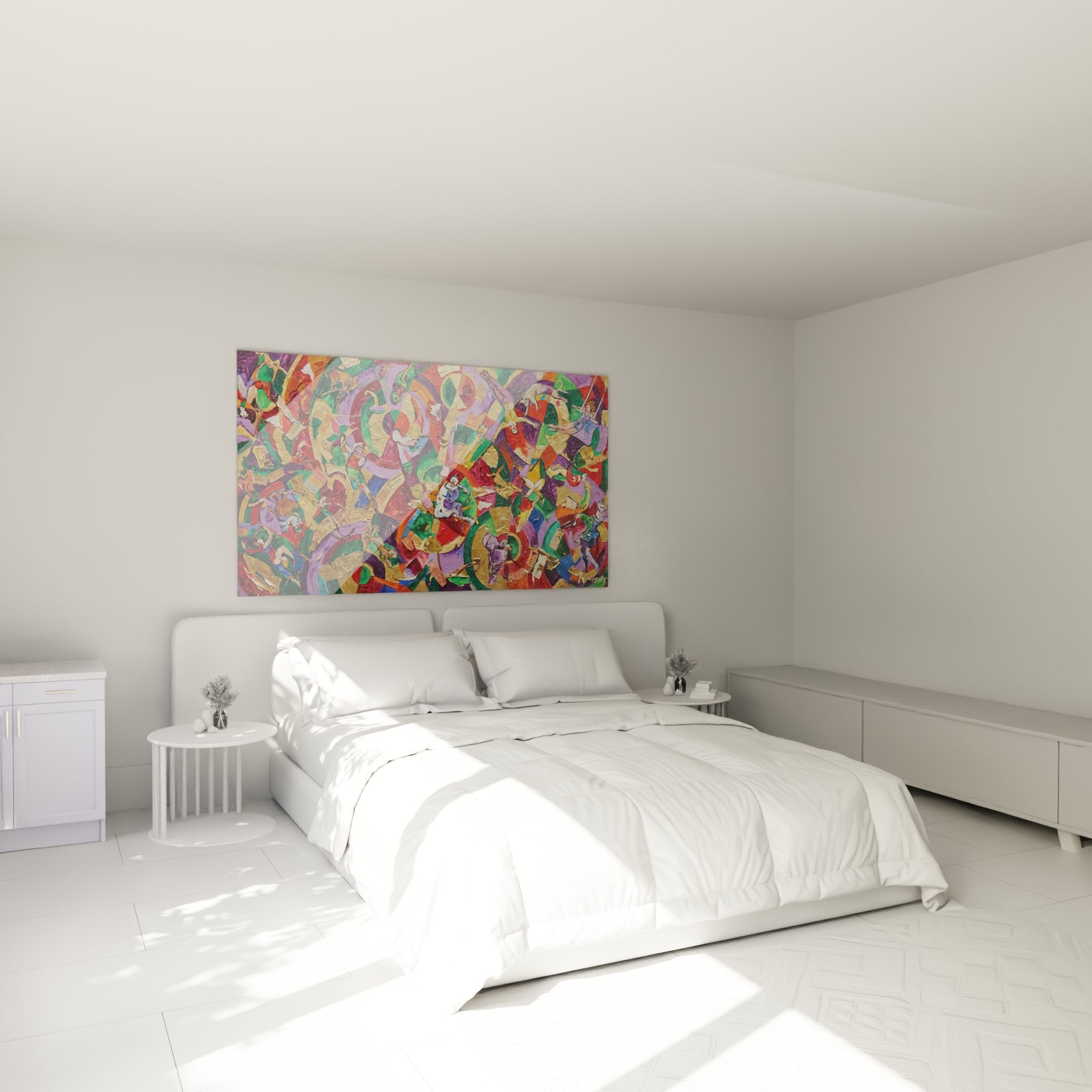 Abstraktes buntes Gemälde, das elegant ein modernes Schlafzimmer mit harmonischer Farbgebung in lebendigen Farbtönen dekoriert