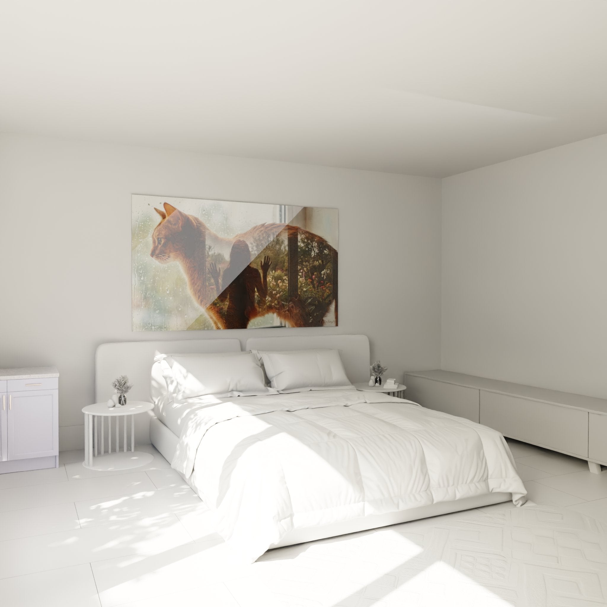 Decorazione murale camera da letto con quadro gatto abissino doppia esposizione che crea un'atmosfera accogliente e moderna