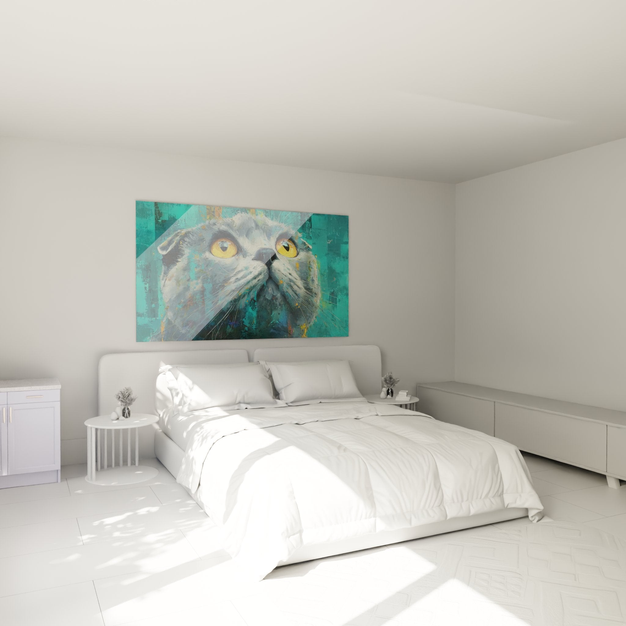Scottish Fold cat painting with golden eyes decorating a modern bedroom, calming turquoise wall art ambiance