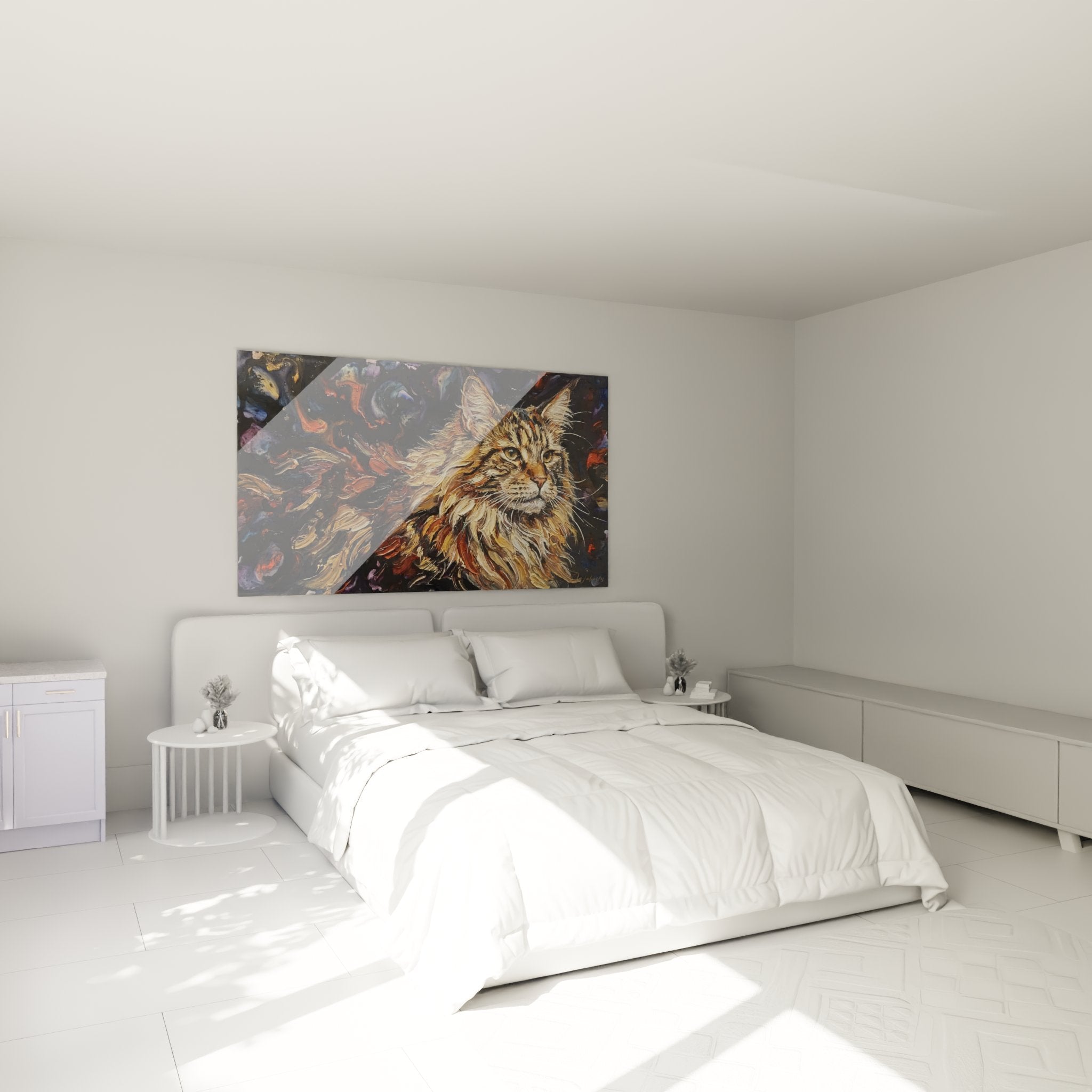 Decorazione murale Maine Coon espressionista in camera moderna con atmosfera cosmica e accogliente