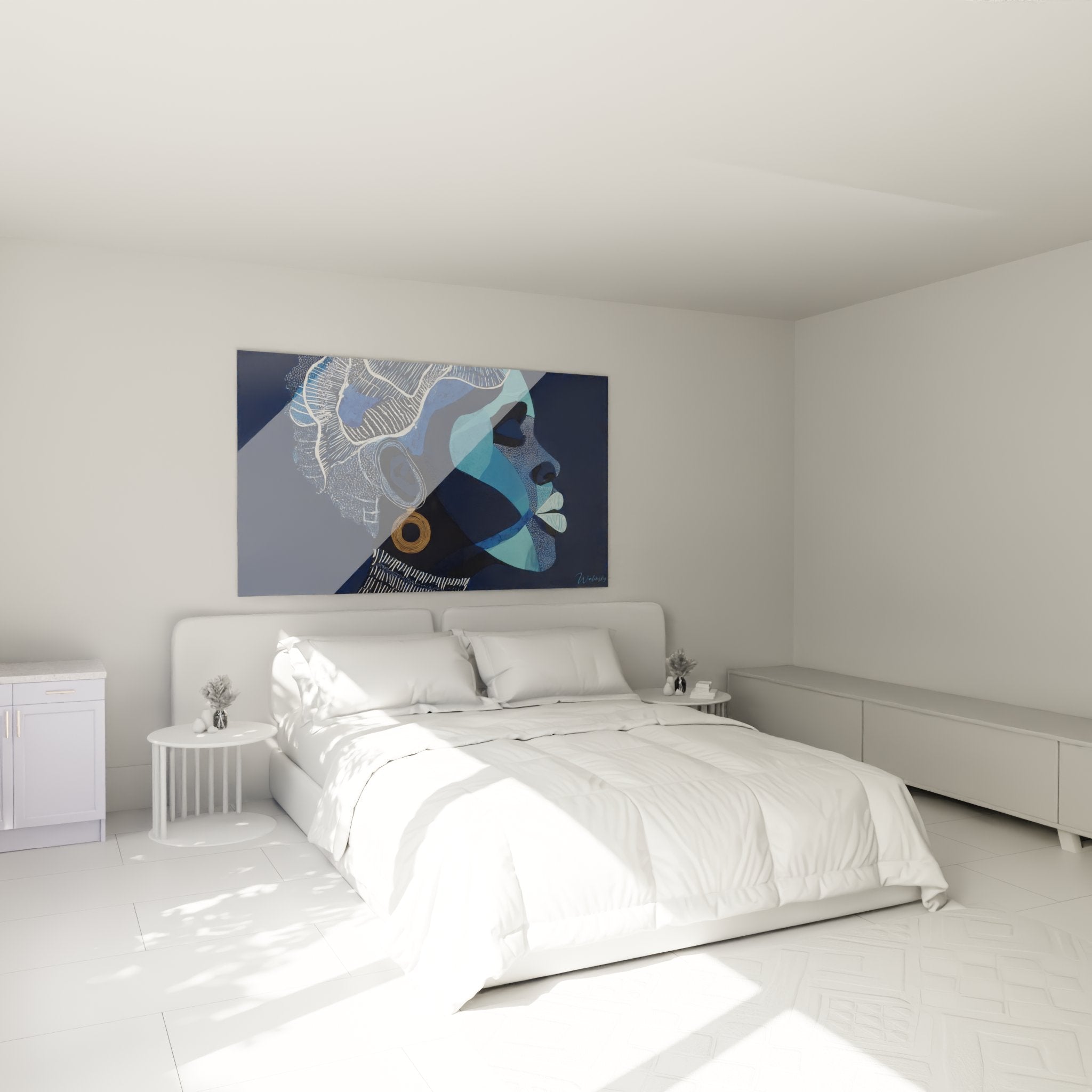 Arredamento camera da letto con quadro profilo africano blu che crea un'atmosfera moderna e rilassante