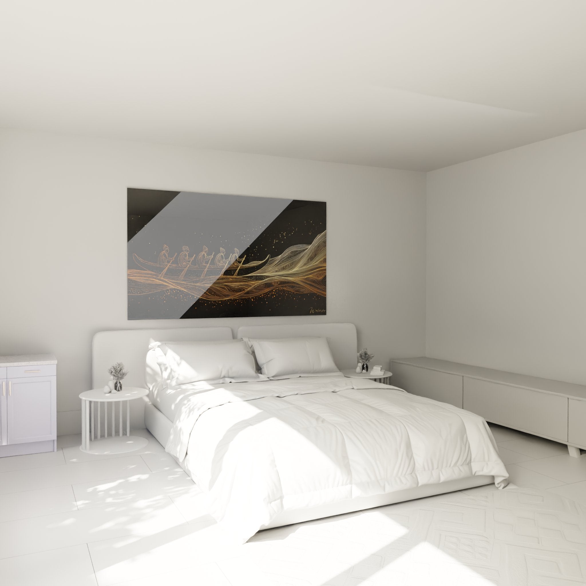 Golden rowing artwork in modern bedroom creating sophisticated and calming atmosphere