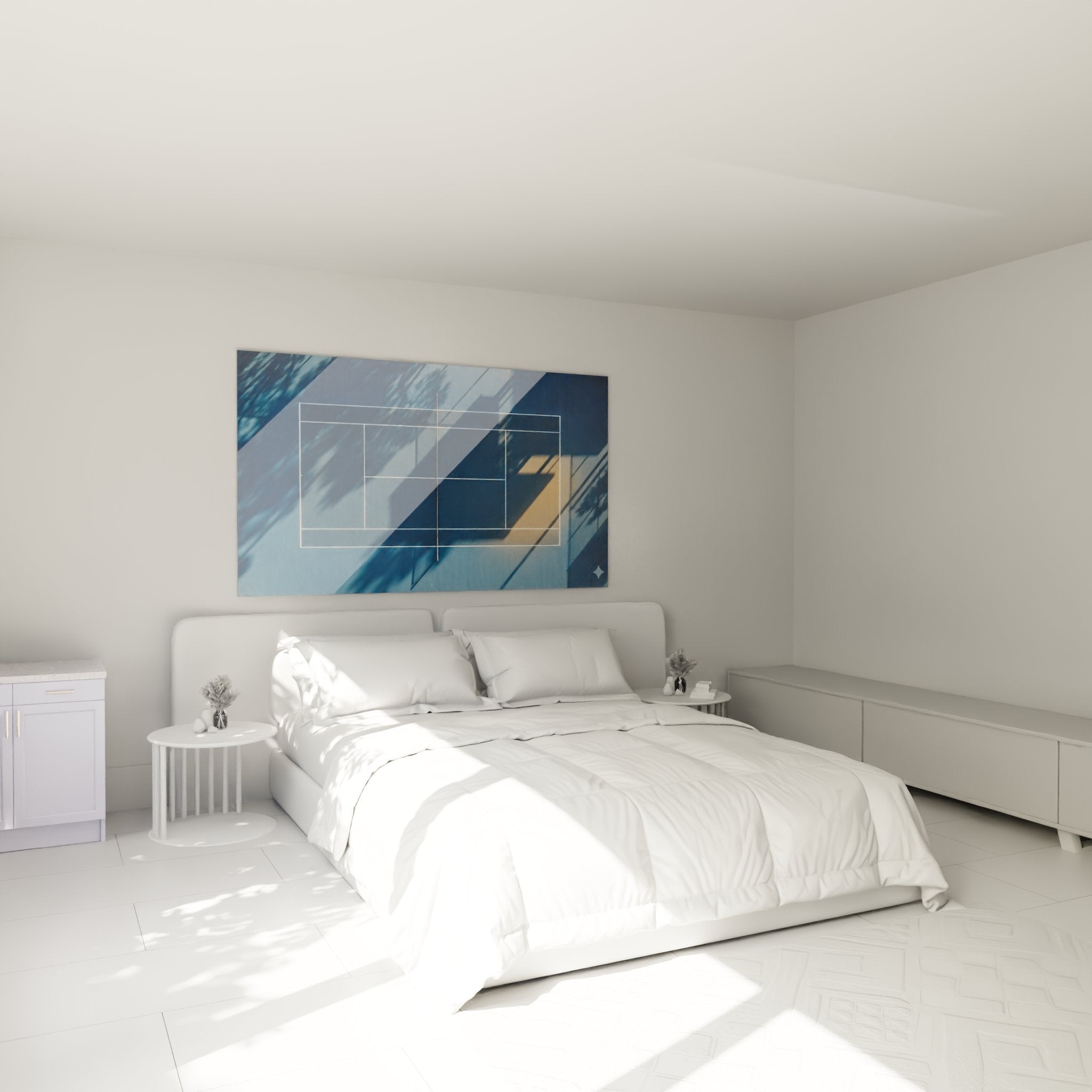 Decoration murale tennis abstraite dans chambre moderne avec tons bleus et lignes geometriques blanches