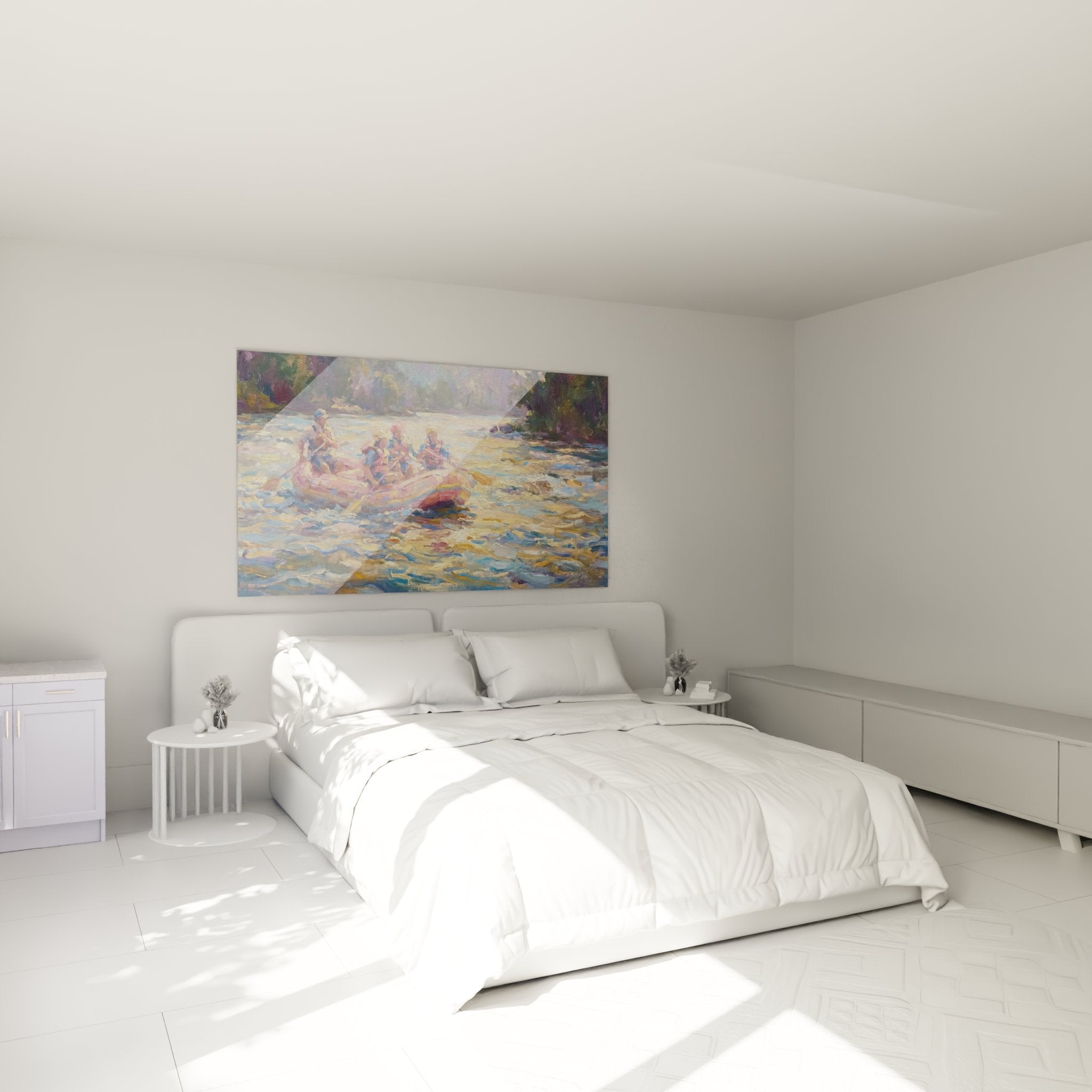 Bedroom decoration with whitewater rafting painting tumultuous waters impressionist style adventure atmosphere