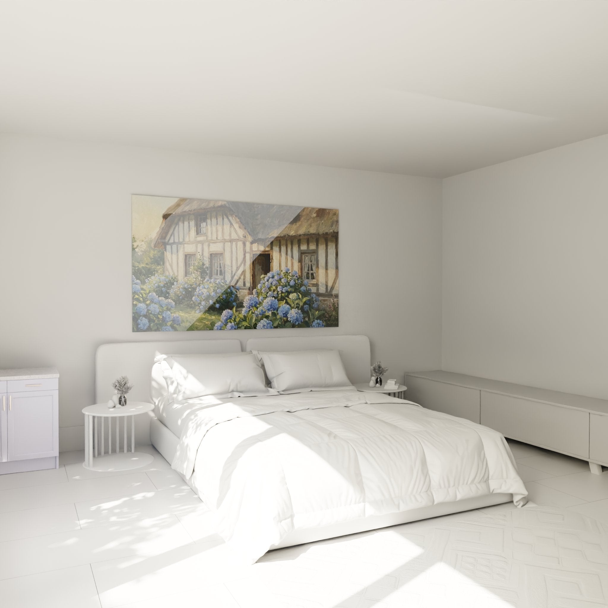 Decoration murale chambre avec tableau cottage normand aux hortensias, ambiance campagne chic