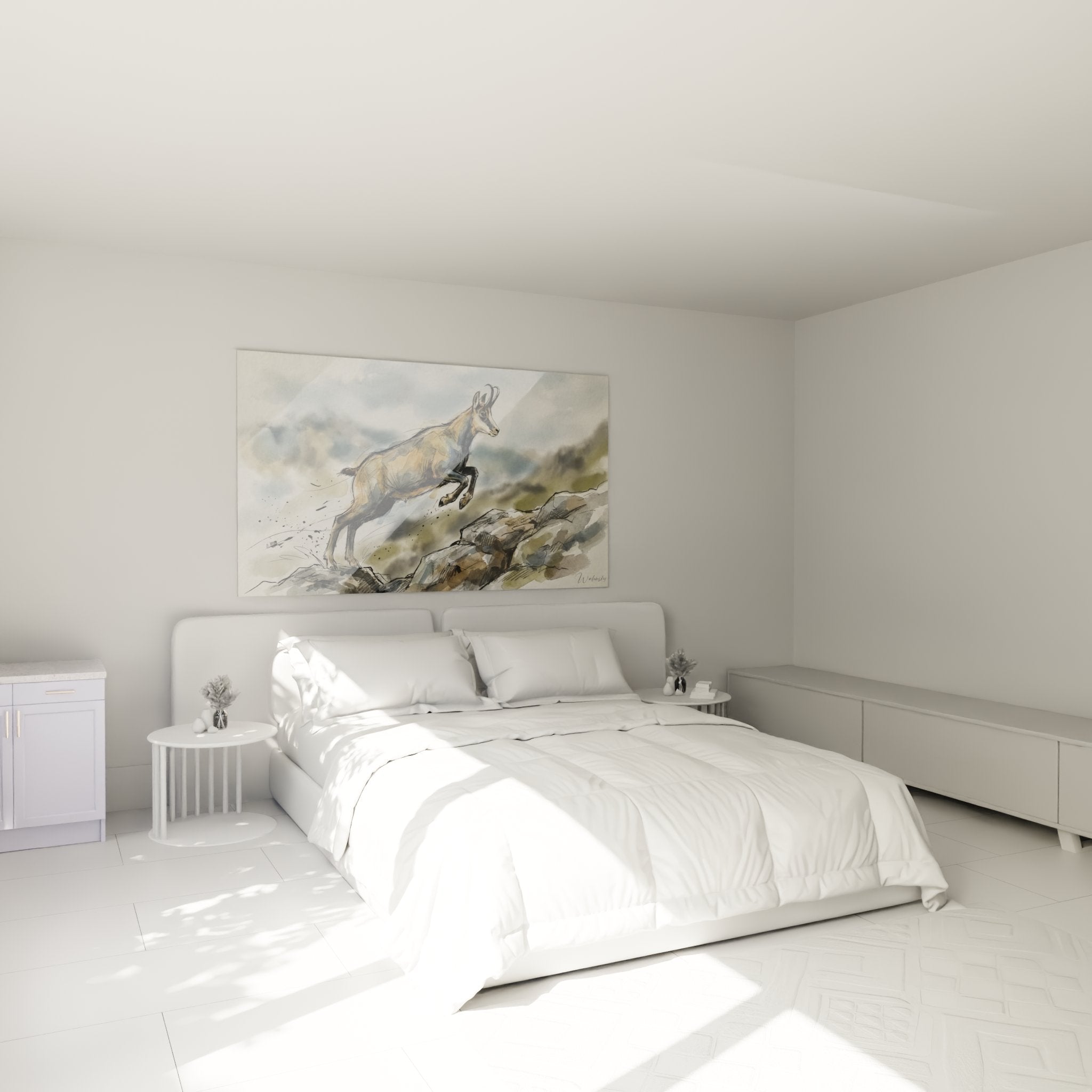 Decorazione murale camera da letto con quadro camoscio delle Alpi in acquerello