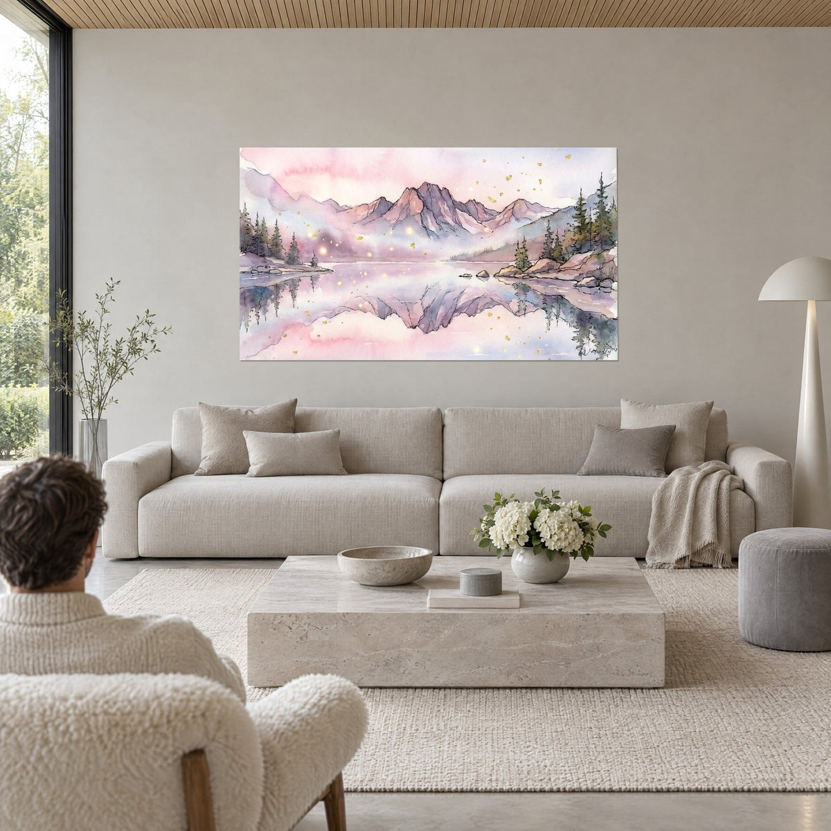 Tableau cimes mauves se reflétant dans un lac rose pâle, brume dorée, couple de dos, au-dessus d'un canapé dans un salon lumineux