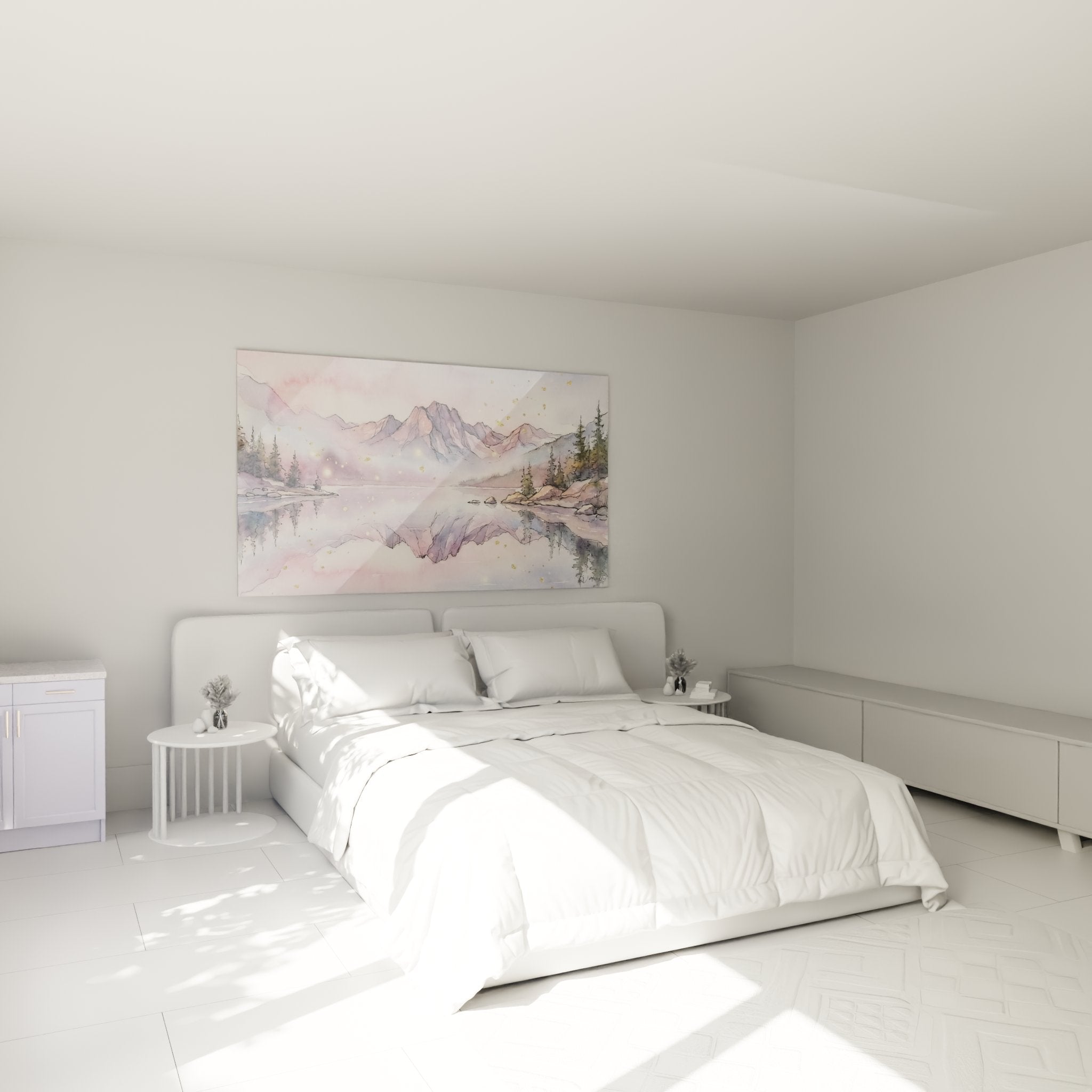 Quadro decorazione camera da letto lago montagna acquerello toni pastello rosa viola atmosfera zen rilassante