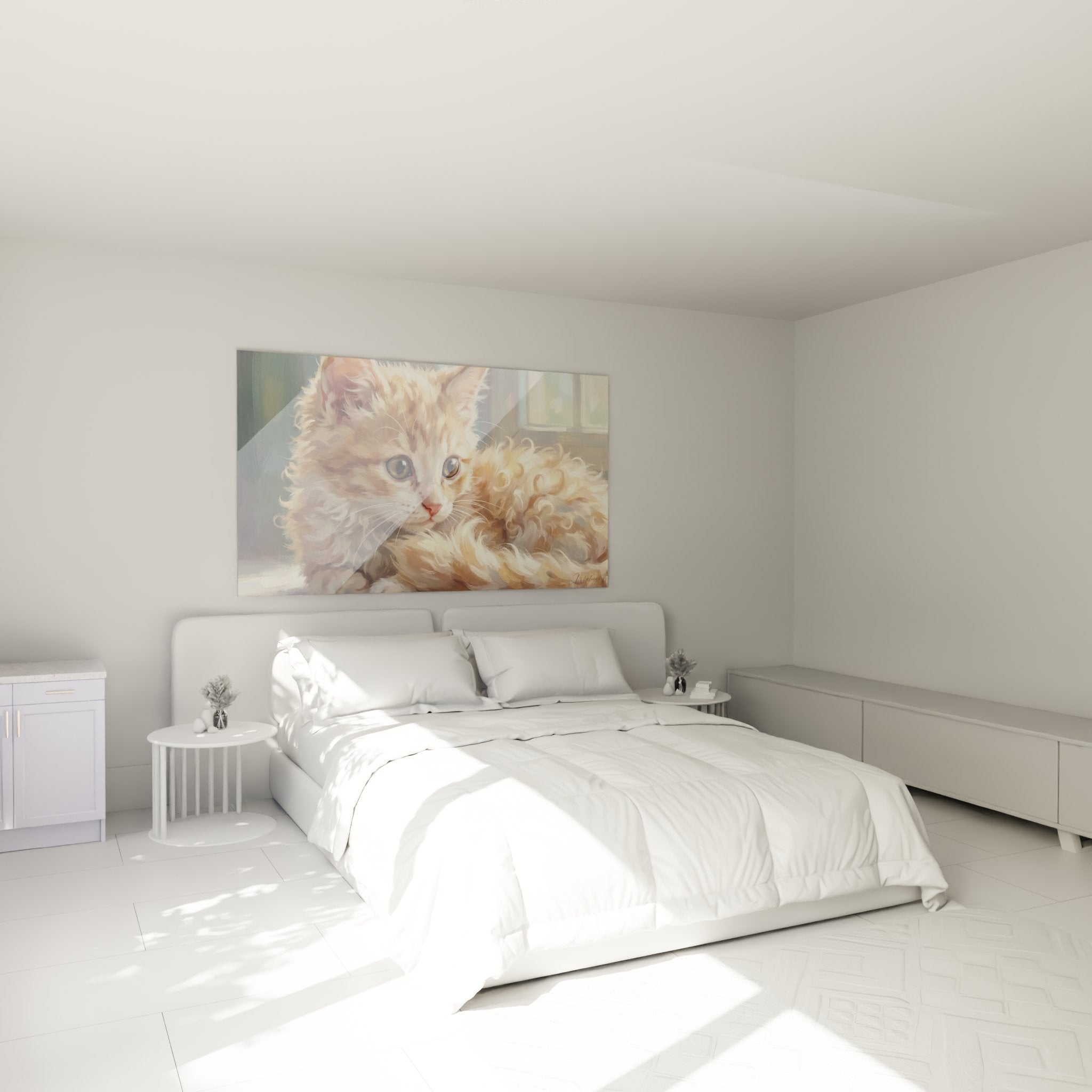 Arredamento camera da letto con quadro gattino Laperm ricciuto arte murale felino atmosfera accogliente