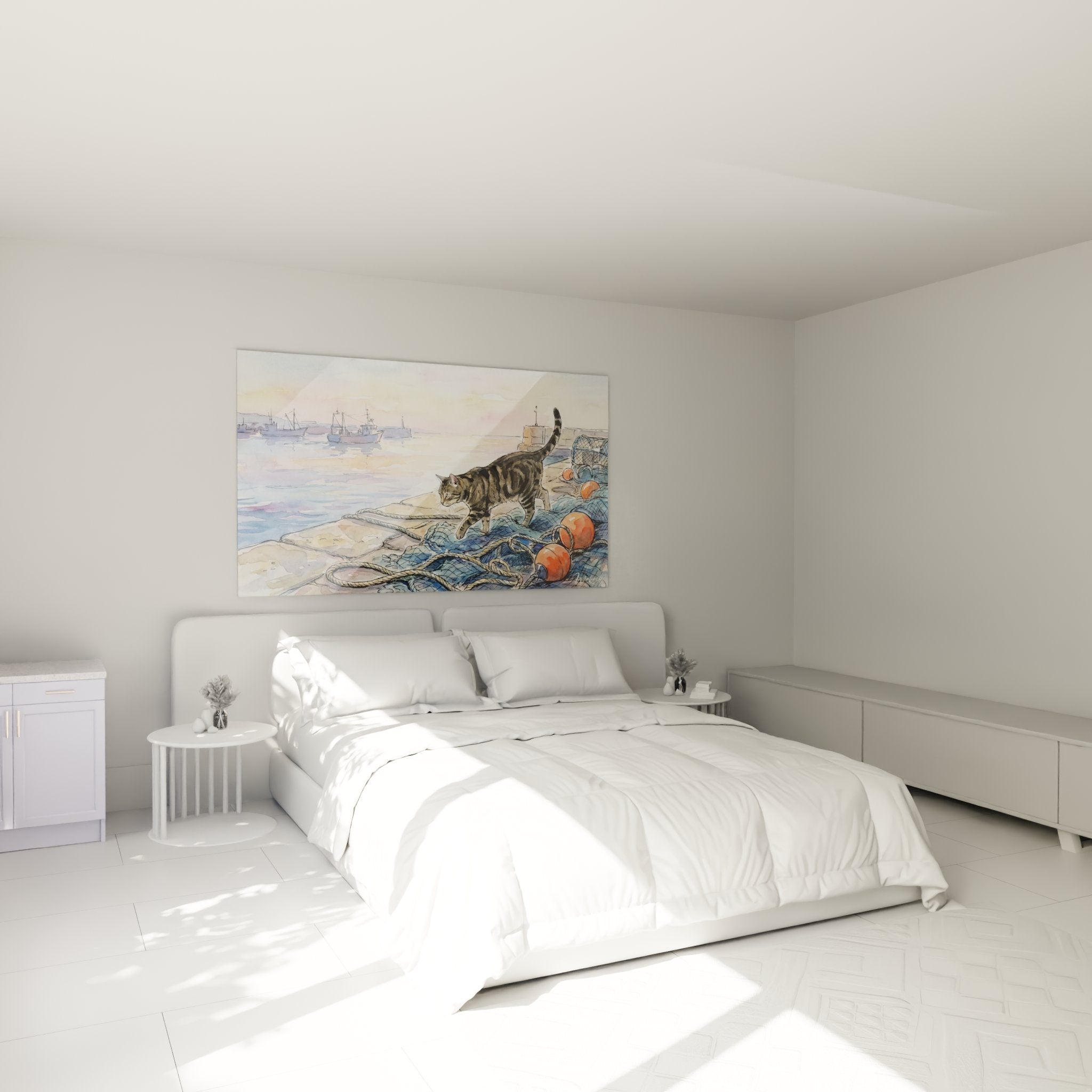 Tableau chat port pêche dans chambre moderne, décoration murale maritime avec European Shorthair aquarelle