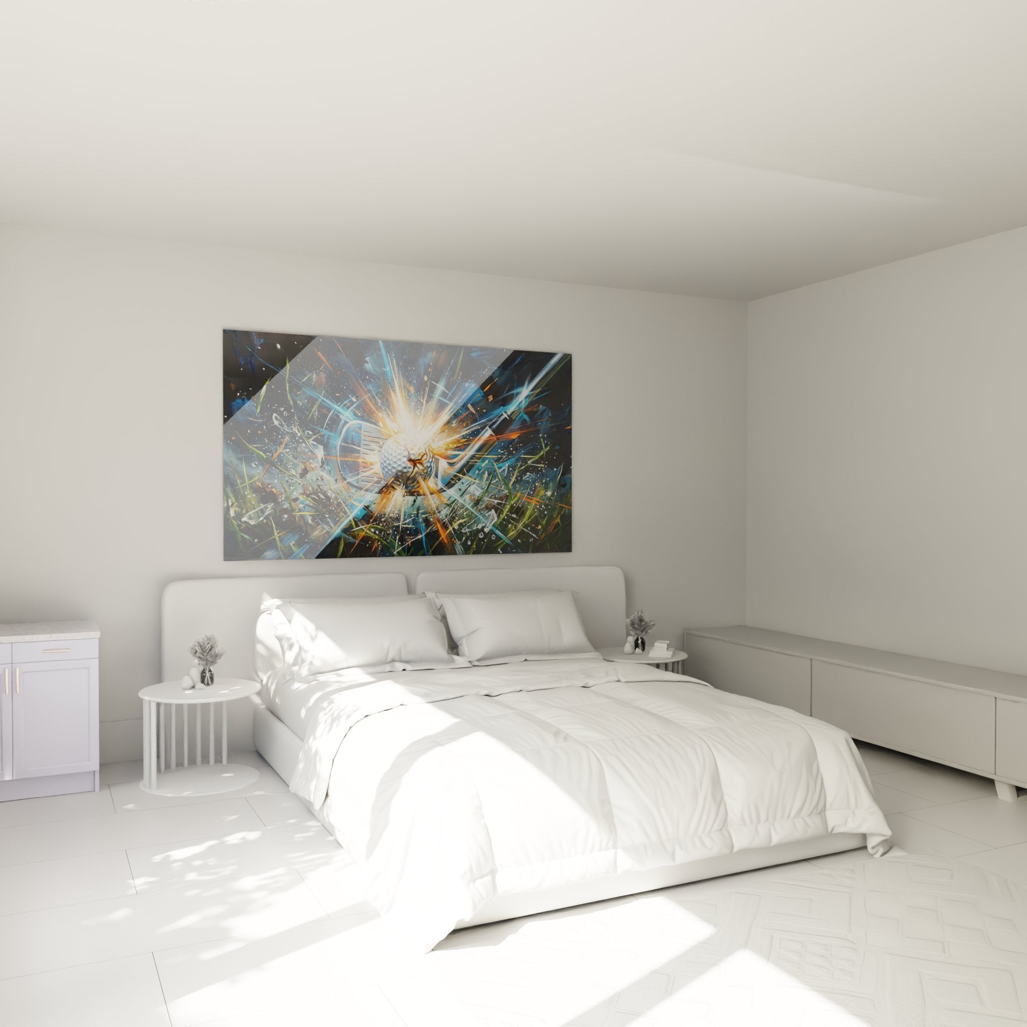 Tableau golf impact balle installé dans chambre moderne avec décoration contemporaine