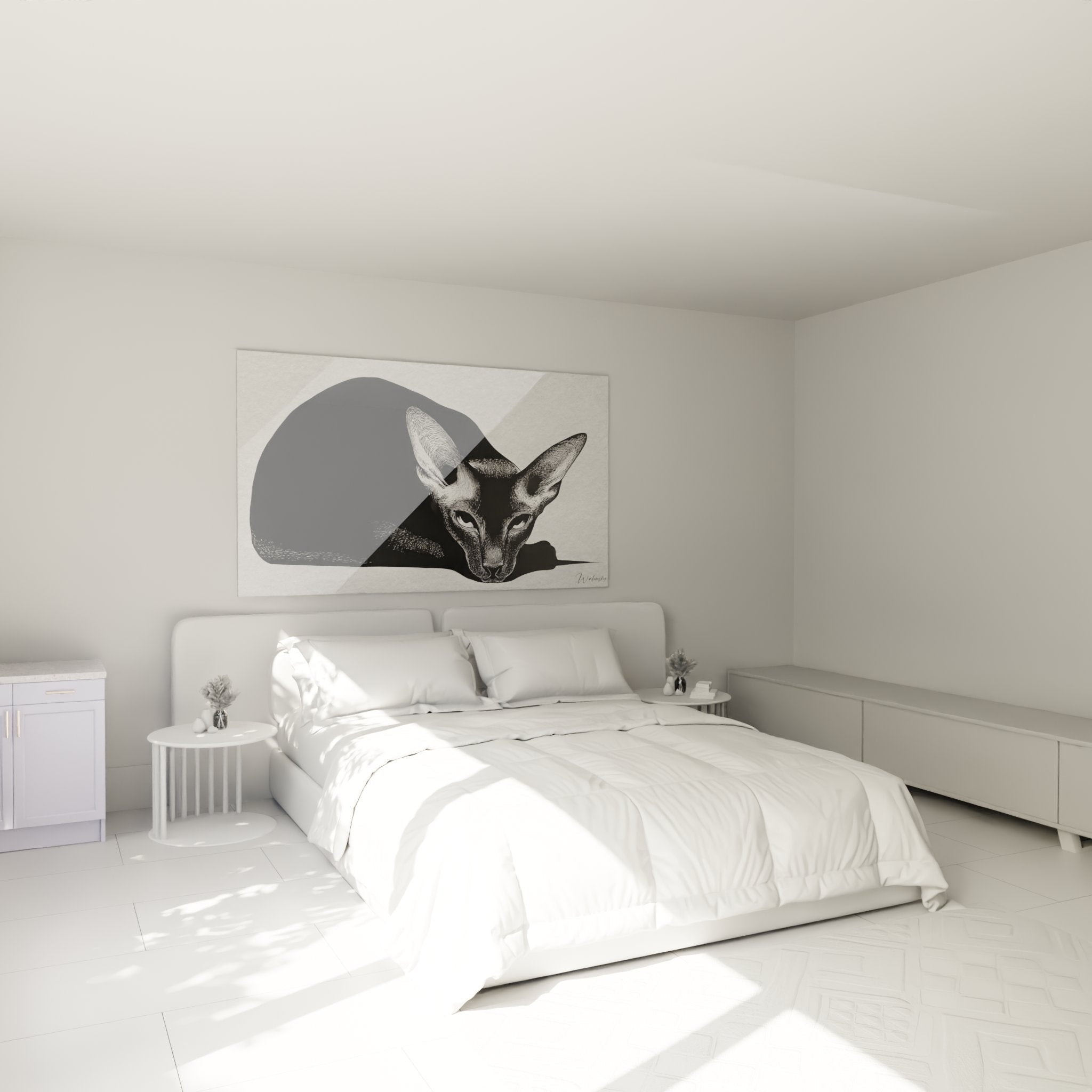 Black and white Oriental cat artwork in modern bedroom elegant feline wall decoration