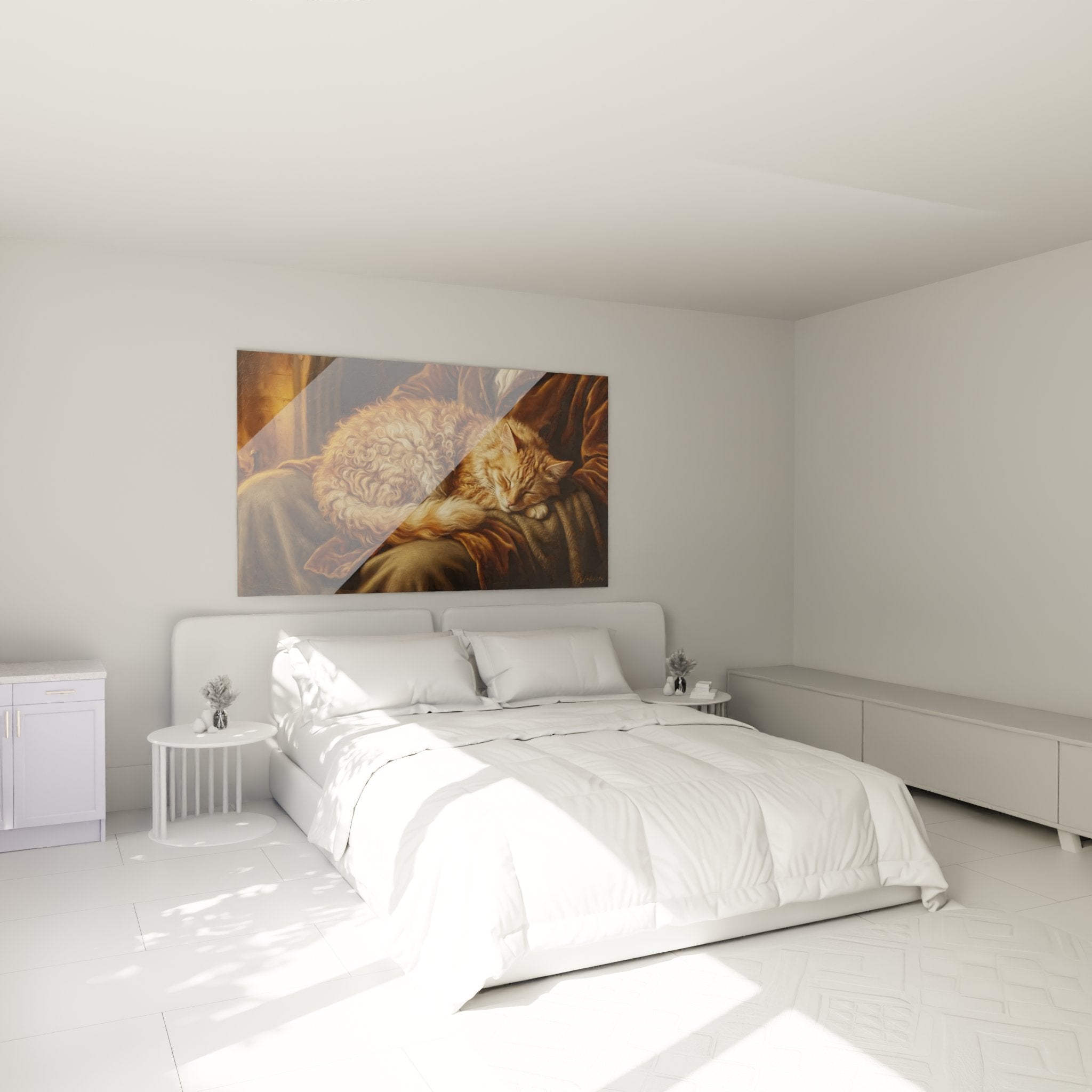 Decorazione murale camera da letto con quadro gatto Laperm riccio rosso atmosfera calda e rilassante
