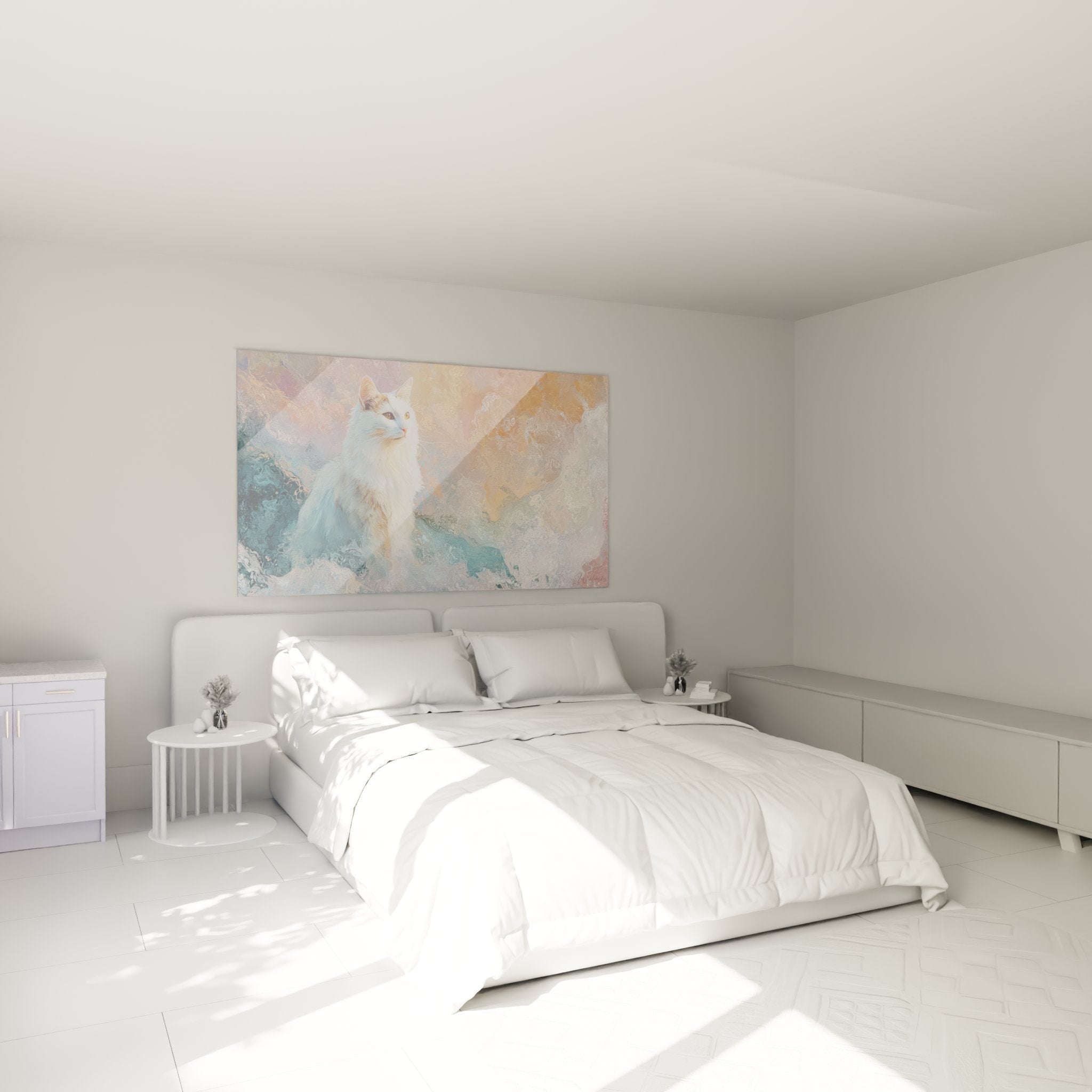 Decoration chambre tableau chat Turkish Van aquarelle pastel ambiance douce et zen pour interieur moderne