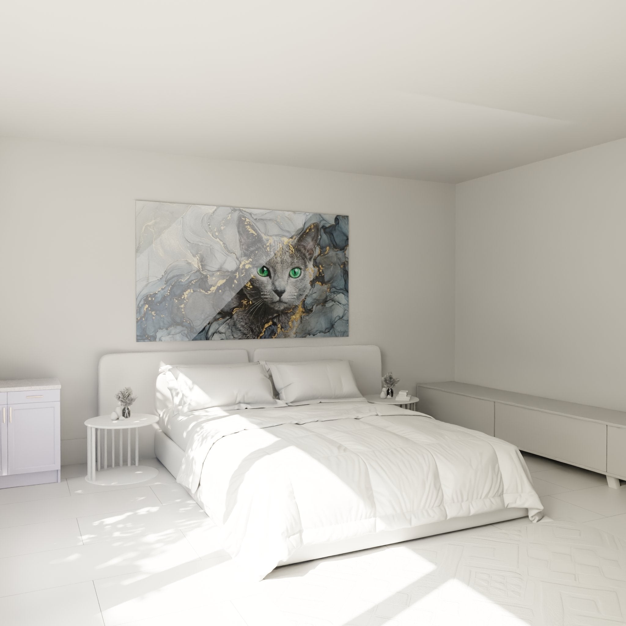 Quadro gatto Russian Blue occhi verdi in camera moderna decorazione murale marmo dorato atmosfera elegante