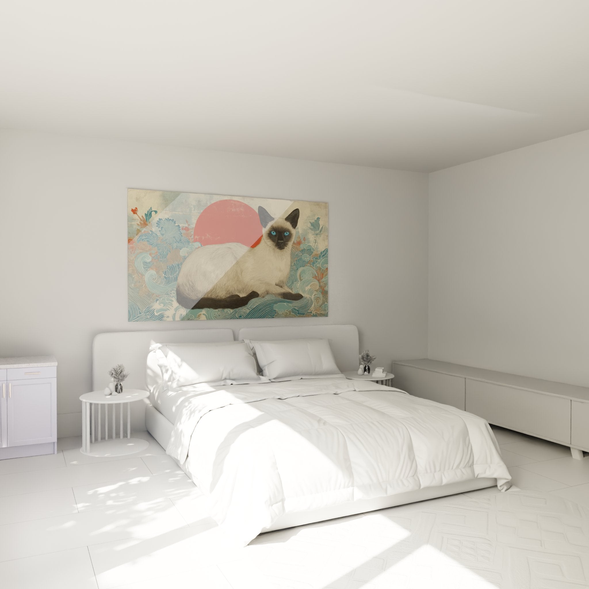 Decorazione murale camera da letto con quadro gatto siamese arte giapponese onde blu atmosfera zen rilassante