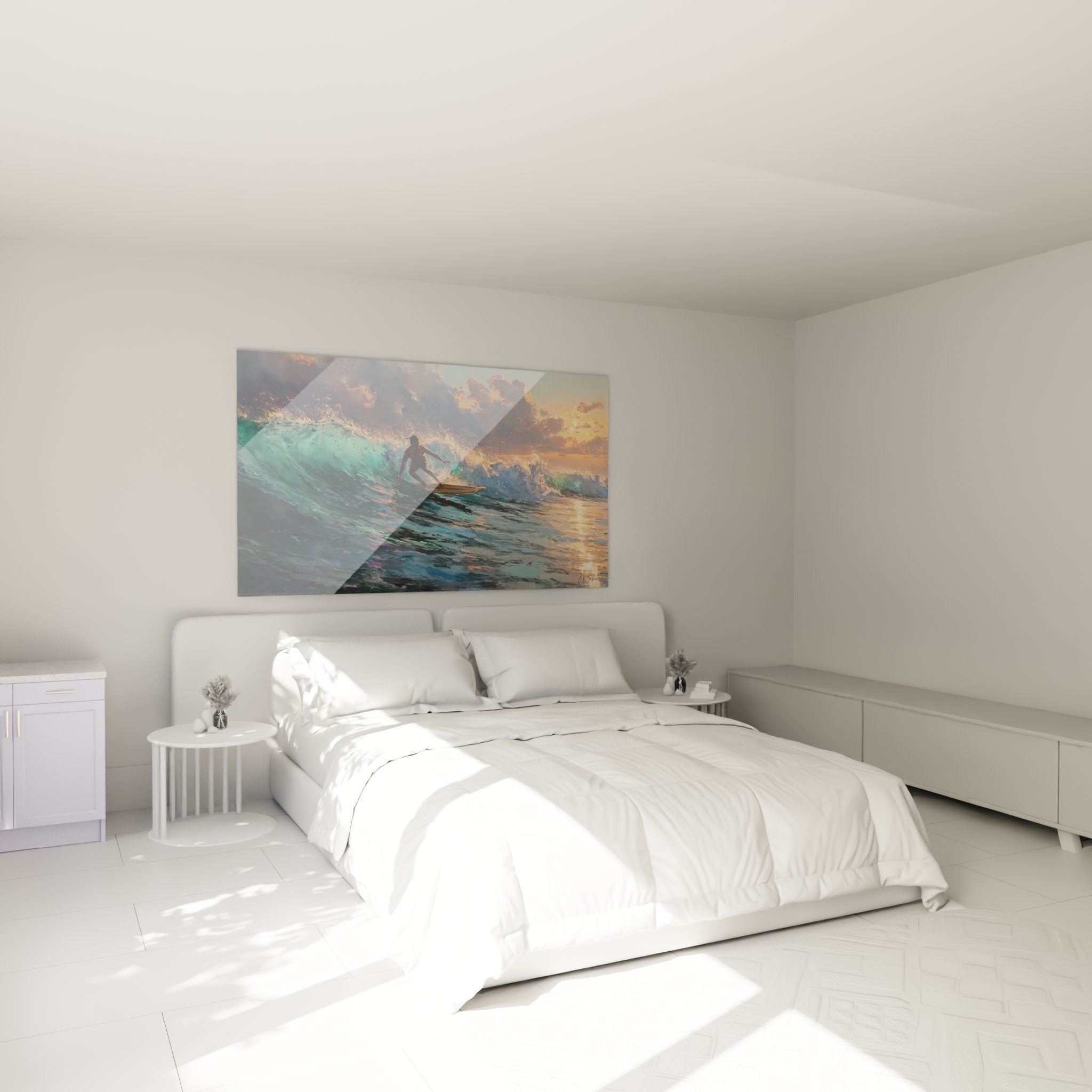Decorazione murale surf in camera moderna con quadro surfista tramonto atmosfera accogliente