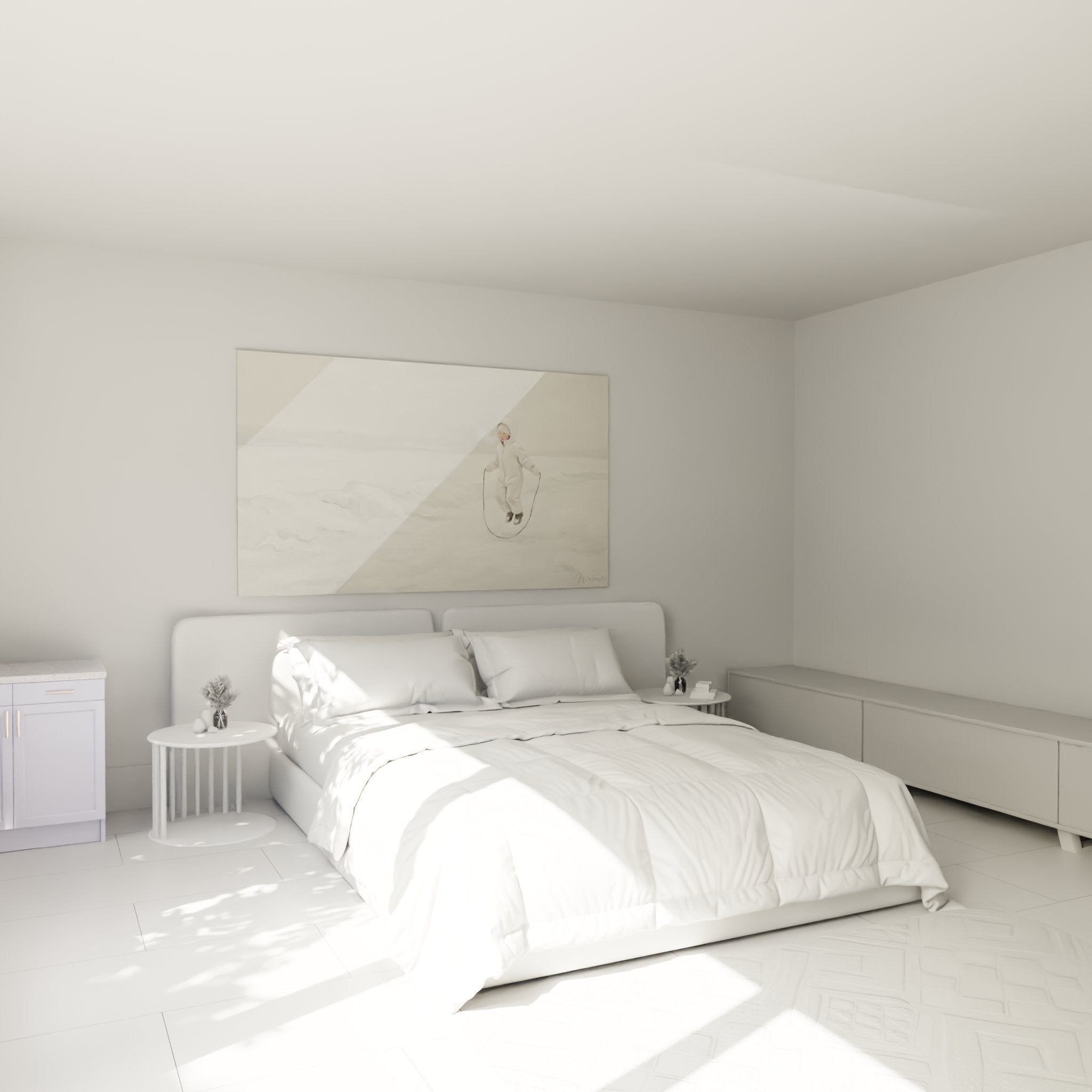 Child wall decoration skipping rope installed in a modern bedroom with neutral and soothing tones