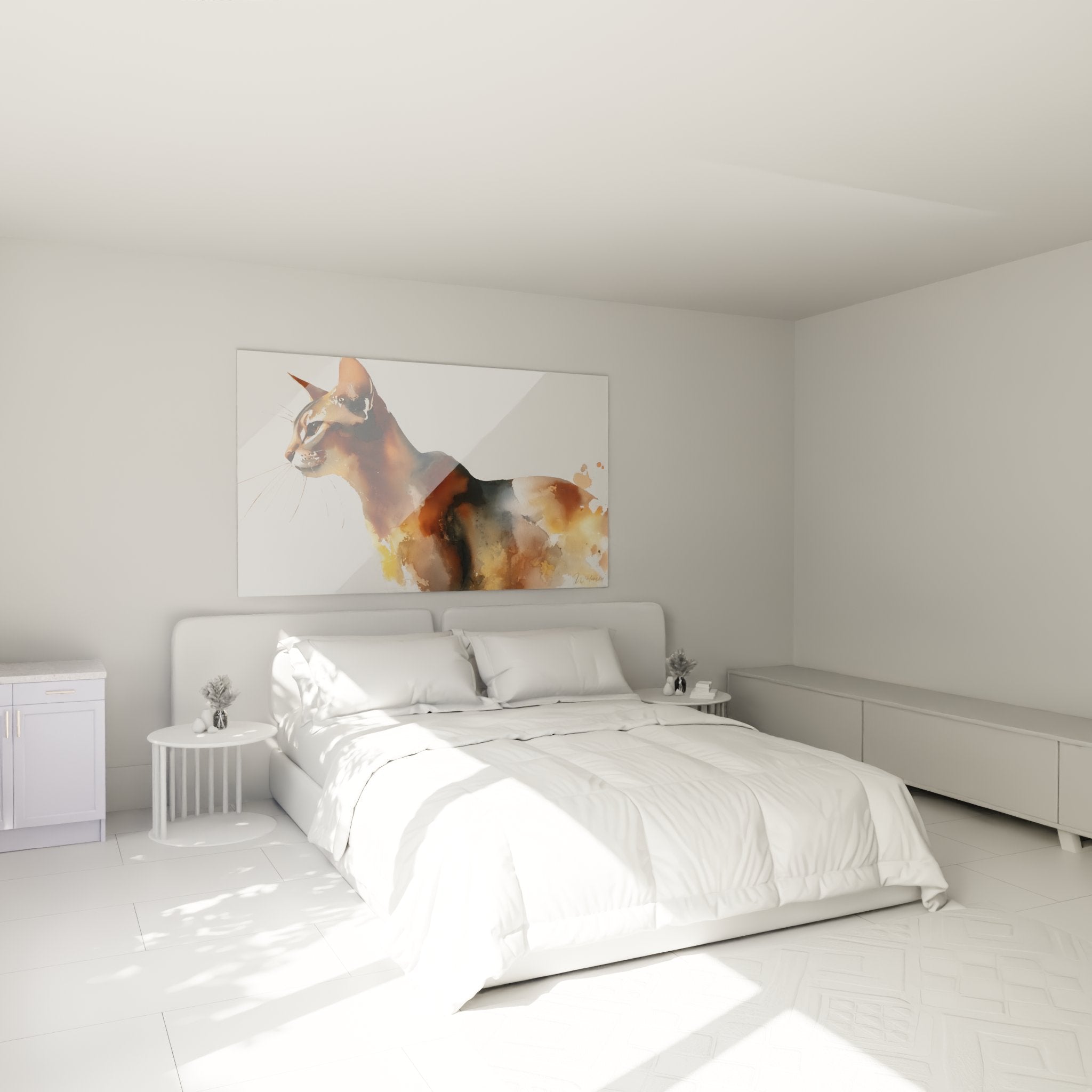 Decorazione camera quadro gatto Abissino acquerello atmosfera calda arte murale felino moderno