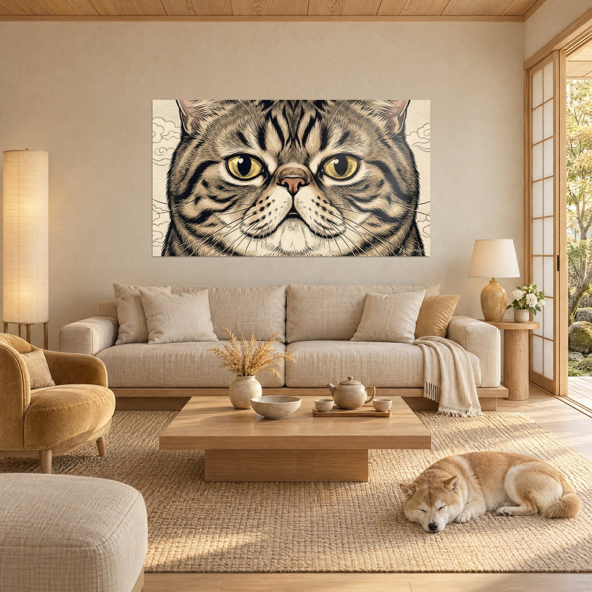 Πίνακας γάτα Exotic Shorthair ριγέ με χρυσά μάτια, μπεζ και καφέ τρίχωμα, ιαπωνικά σύννεφα, πάνω από καναπέ σε φωτεινό σαλόνι