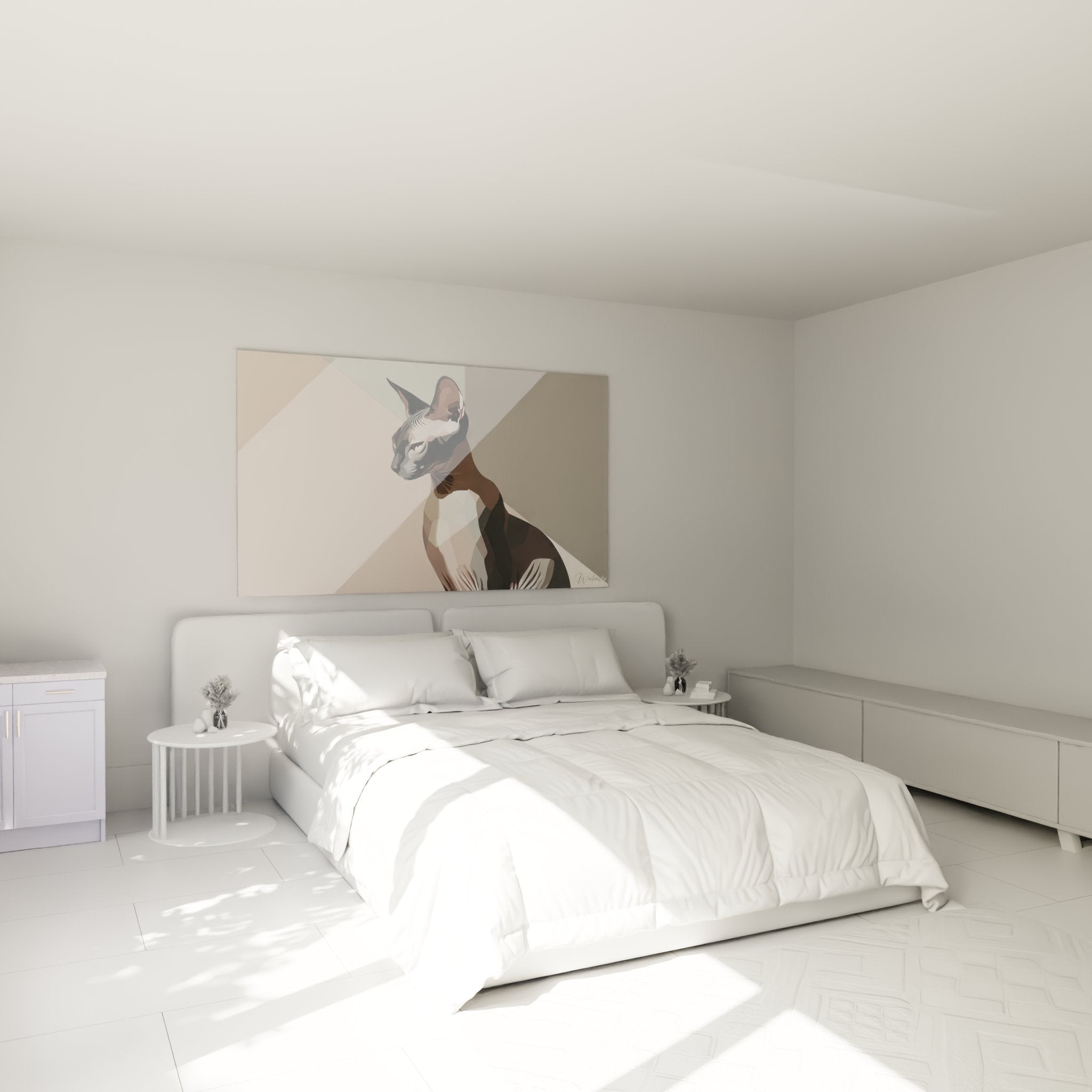 Quadro gatto Sphynx geometrico in camera moderna, decorazione murale contemporanea con toni neutri rilassanti