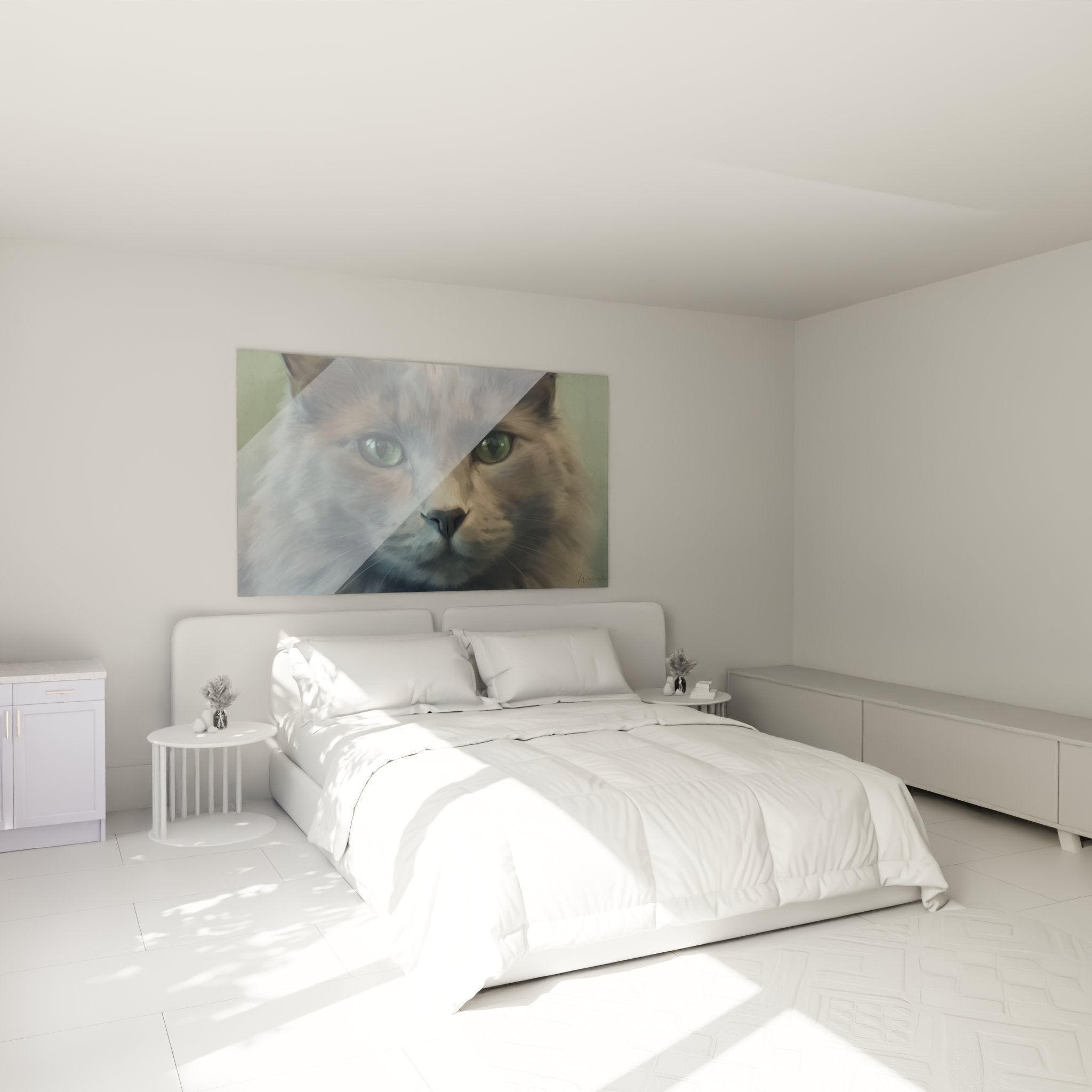Nebelung cat painting with green eyes in modern bedroom, elegant and soothing wall decoration