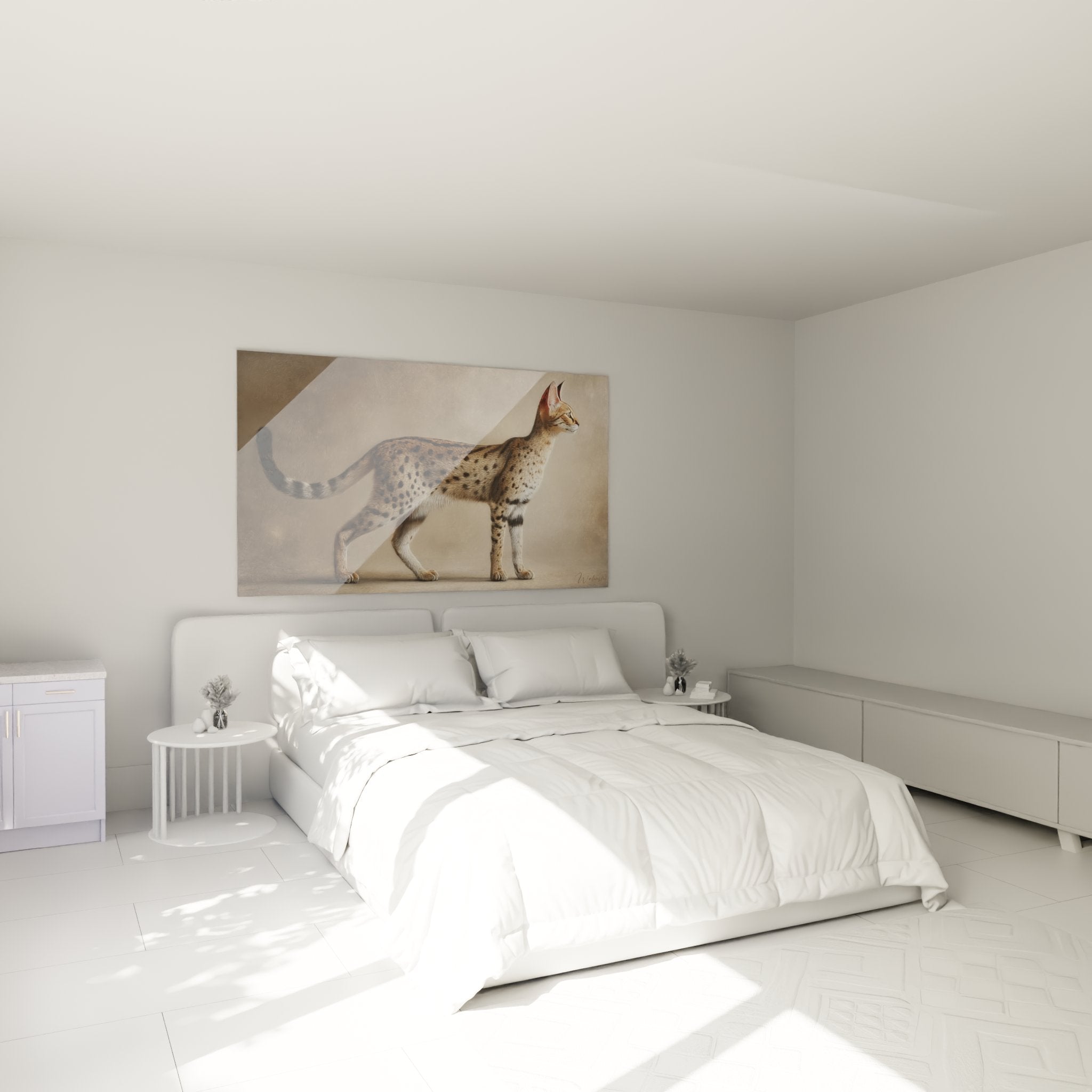 Decorazione murale con quadro gatto Serengeti in una camera moderna dai toni neutri