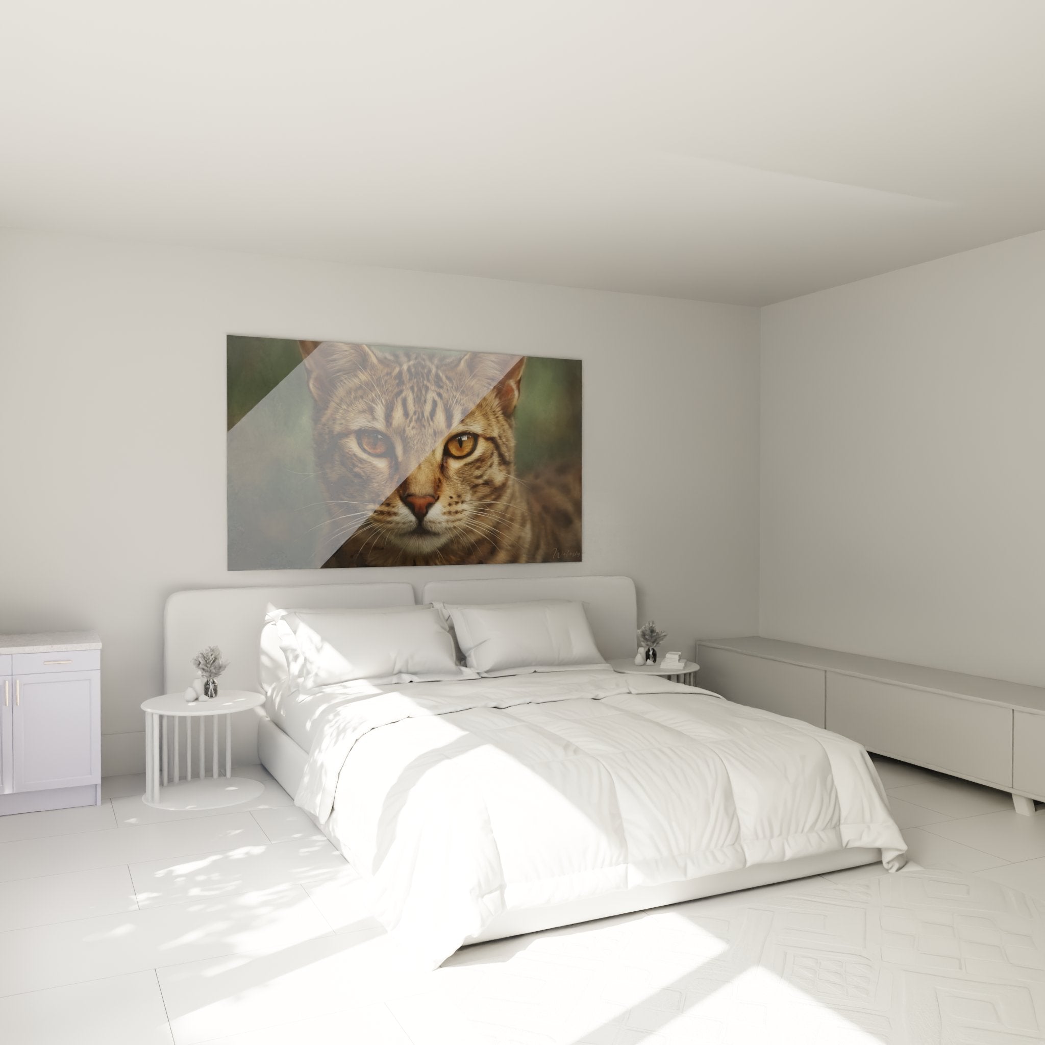 Tableau portrait chat Ocicat décorant une chambre moderne, art mural félin aux tons dorés ambiance cosy