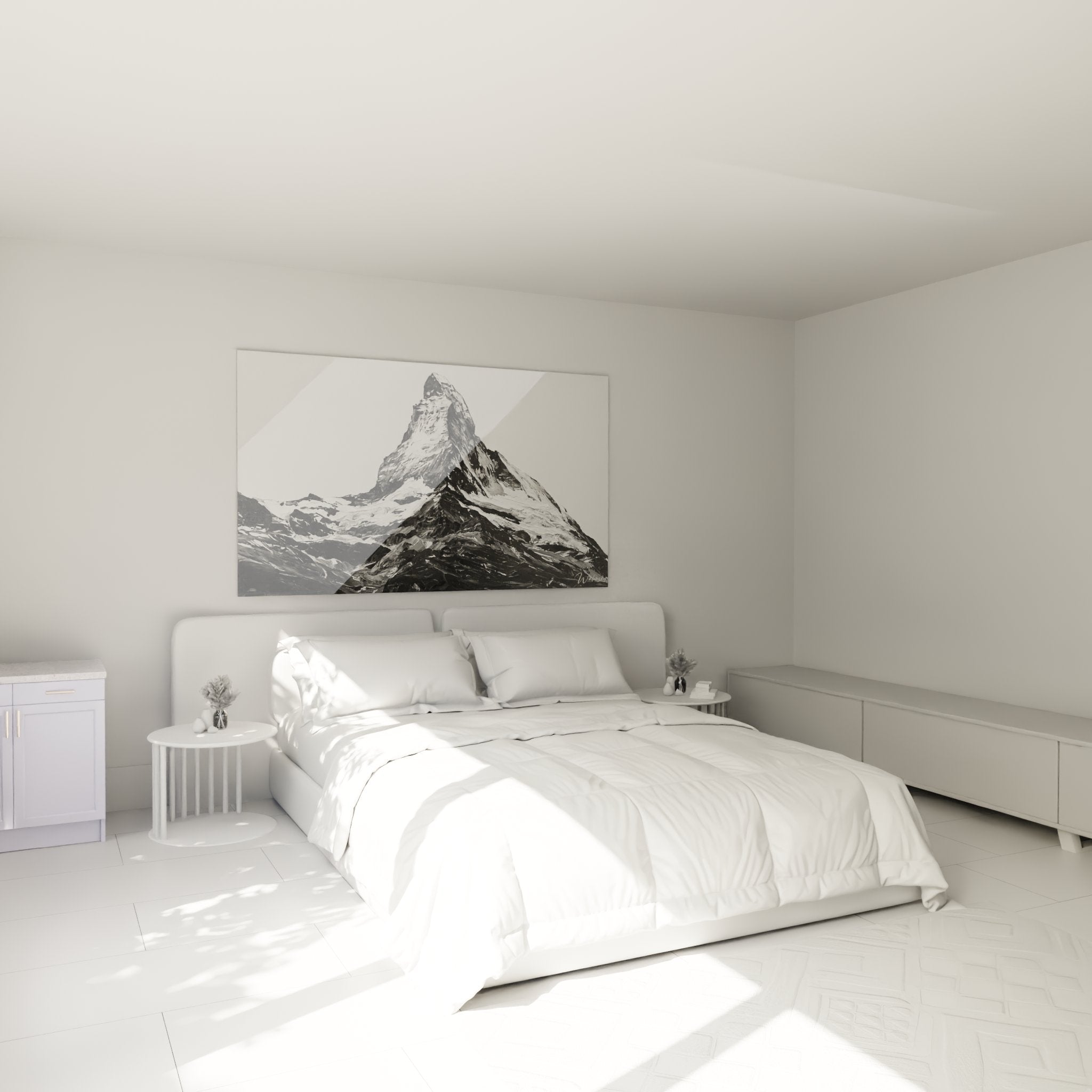 Decorazione murale Cervino Matterhorn in bianco e nero in una camera moderna con atmosfera alpina contemporanea