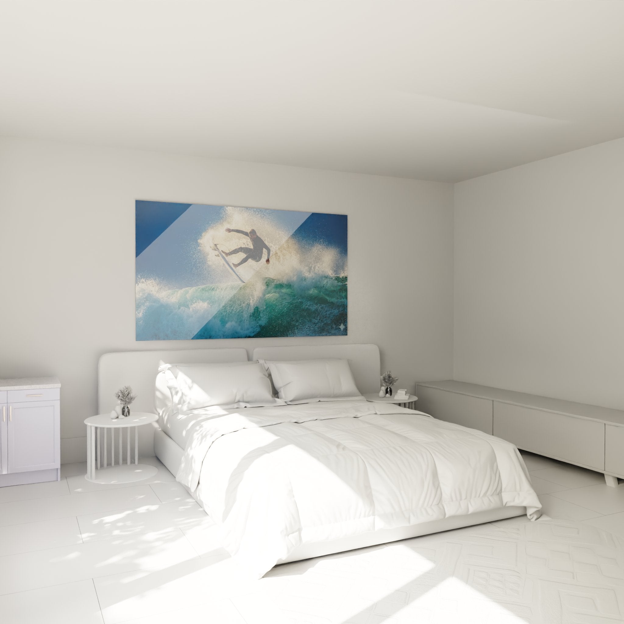 Decoration chambre avec tableau surfeur aerien - ambiance surf moderne et zen