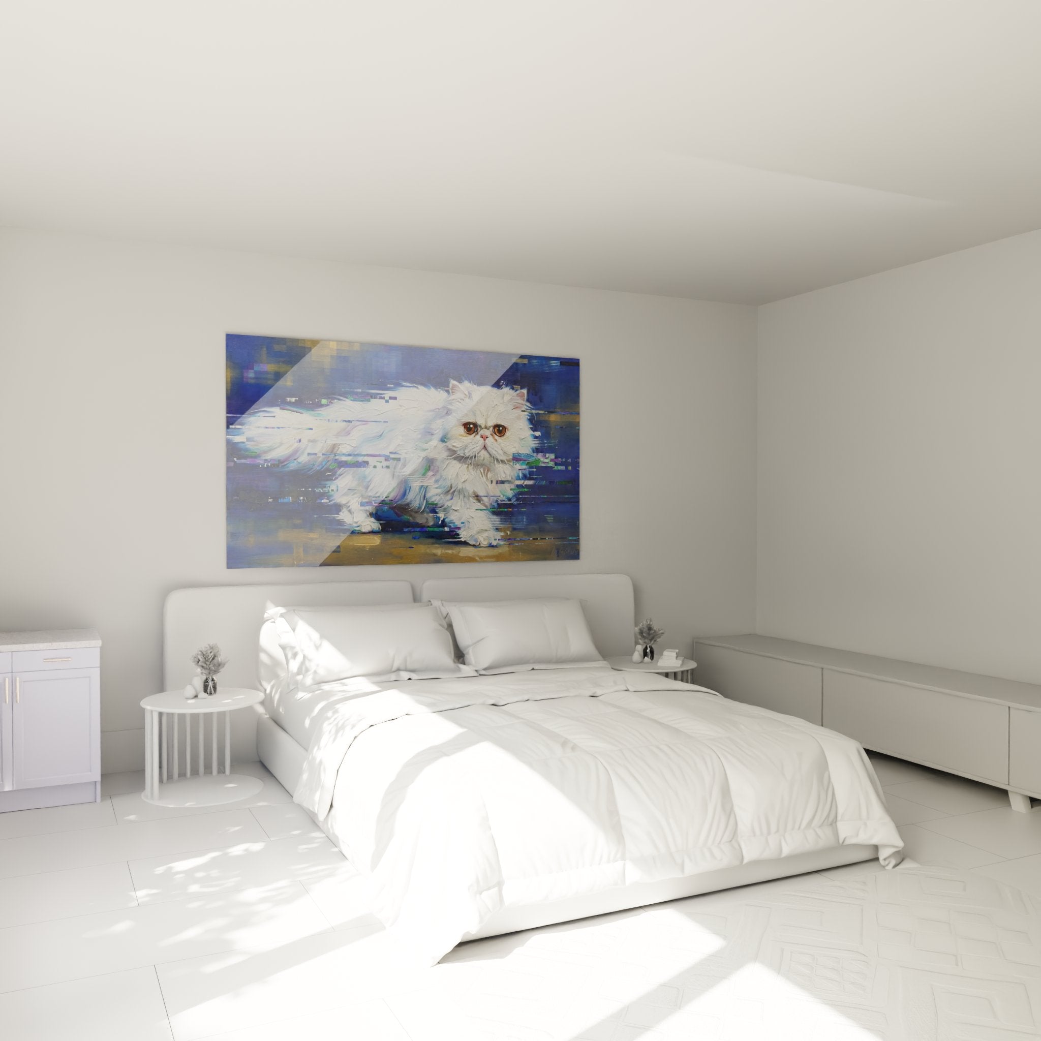 Wanddekoration persische Katze digitale Kunst in modernem Schlafzimmer mit zeitgenössischem Stil