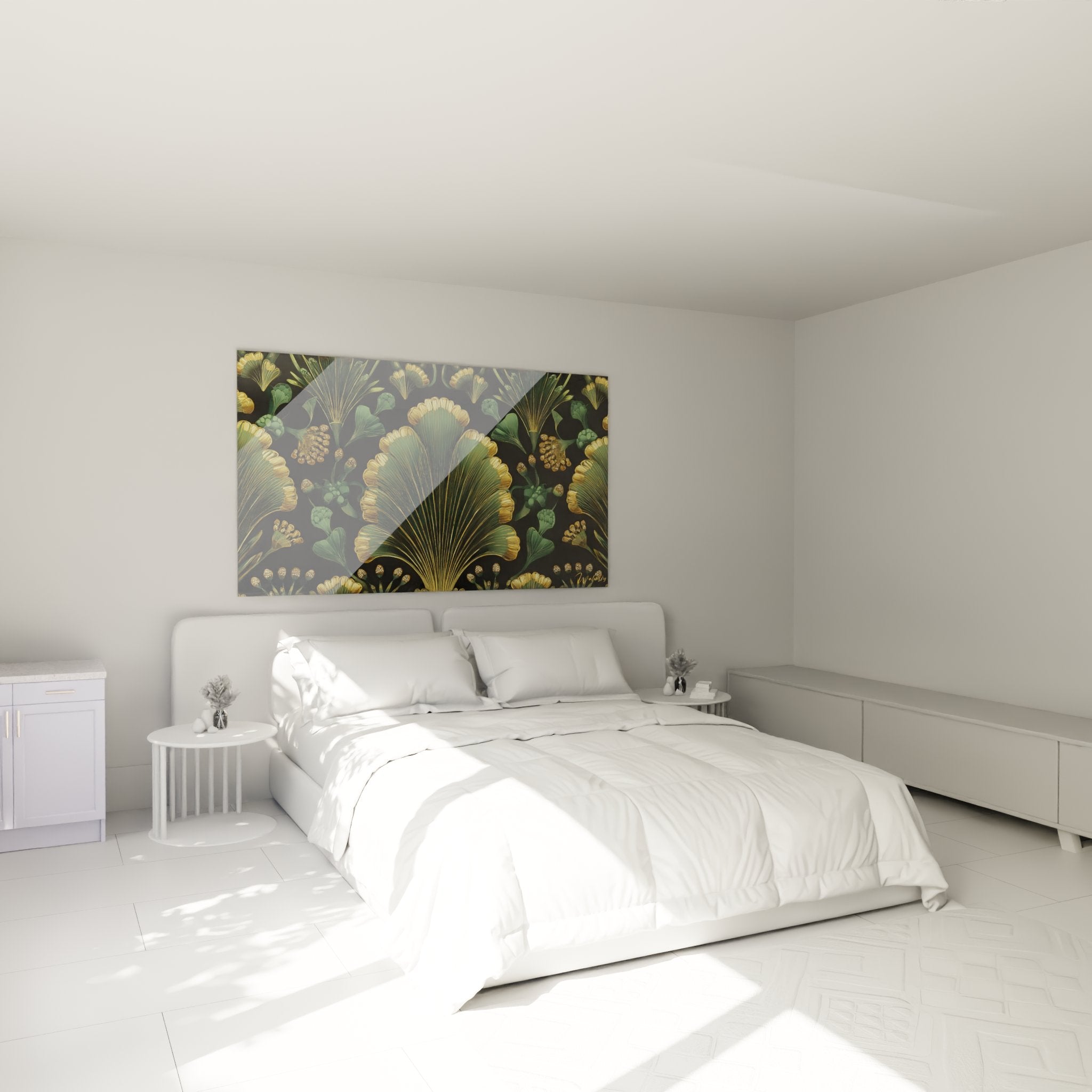 Bedroom decoration with golden floral art deco wall art creating refined and elegant atmosphere