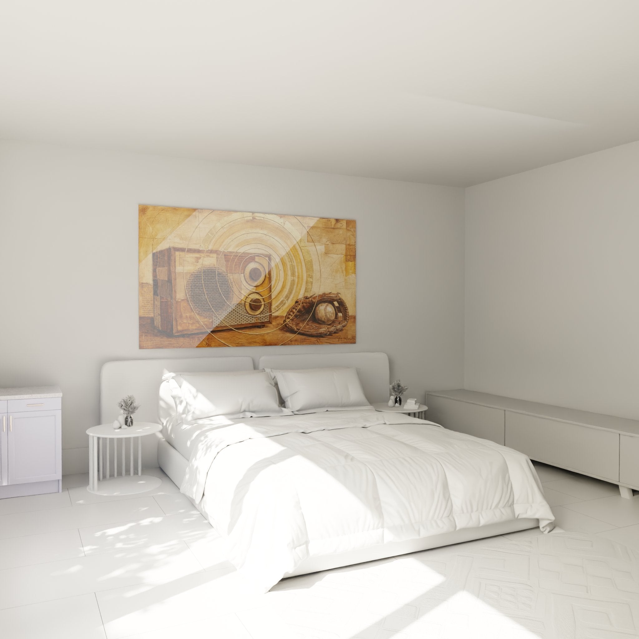 Tableau radio vintage baseball dans chambre moderne decoration murale sport americain tons chauds dores