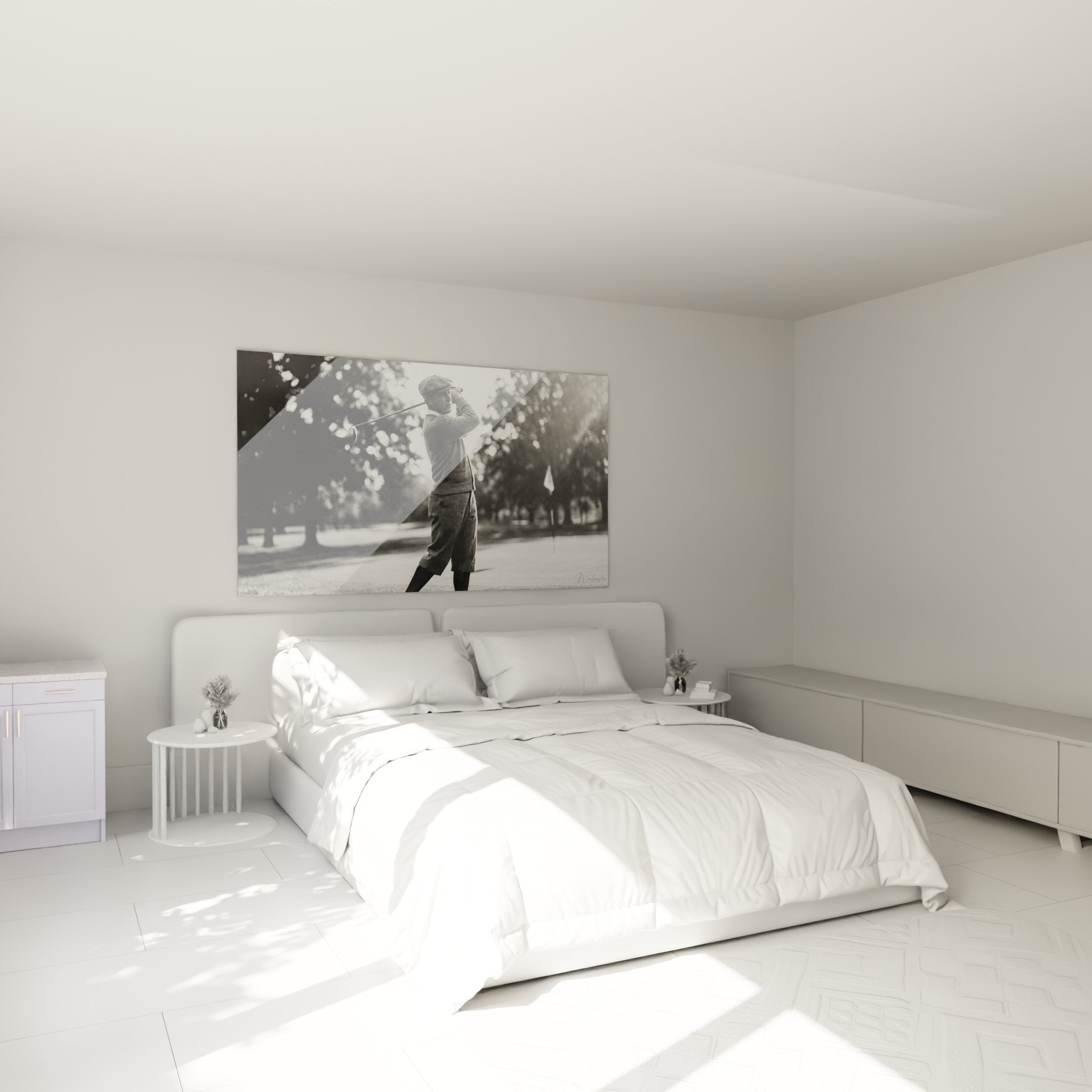 Decoration murale golf vintage dans chambre moderne avec golfeur en swing classique noir et blanc