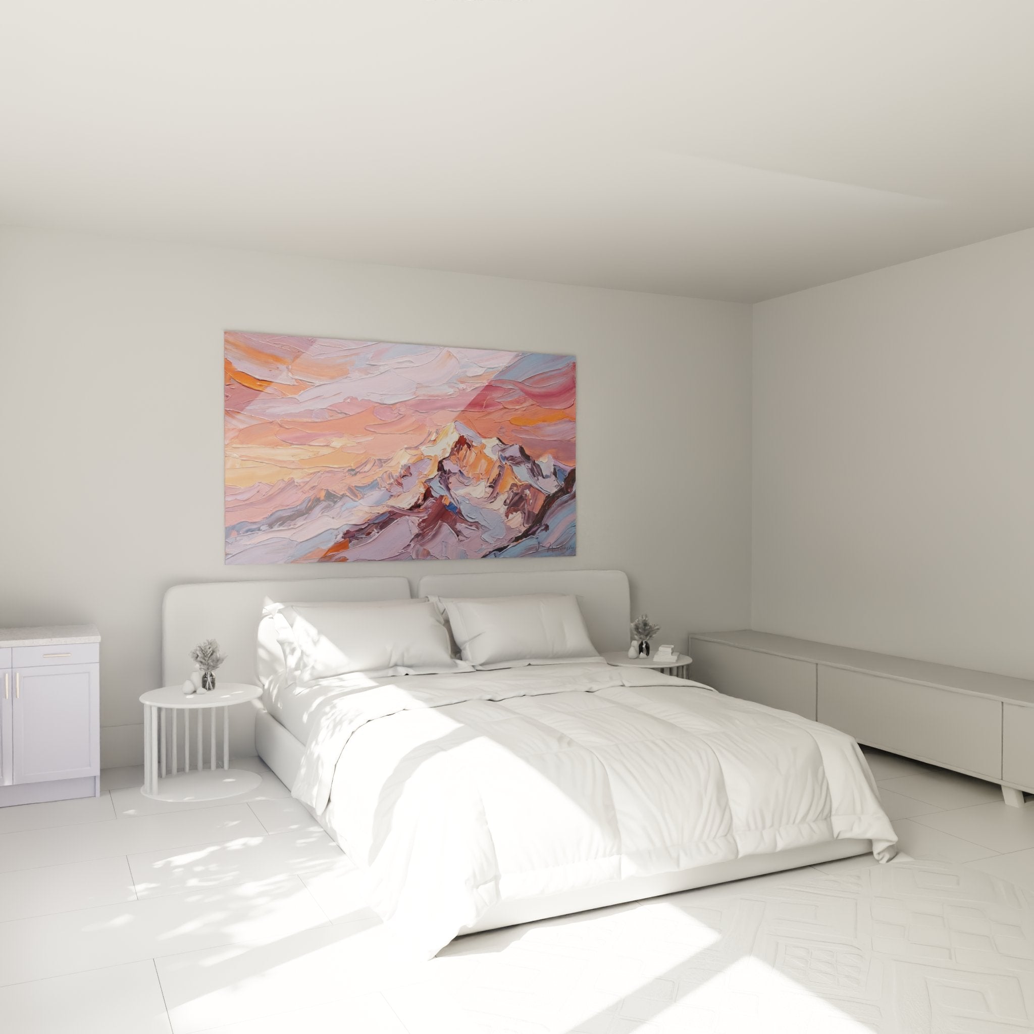 Mountain landscape wall art bedroom decor sunset painting warm orange pink colors