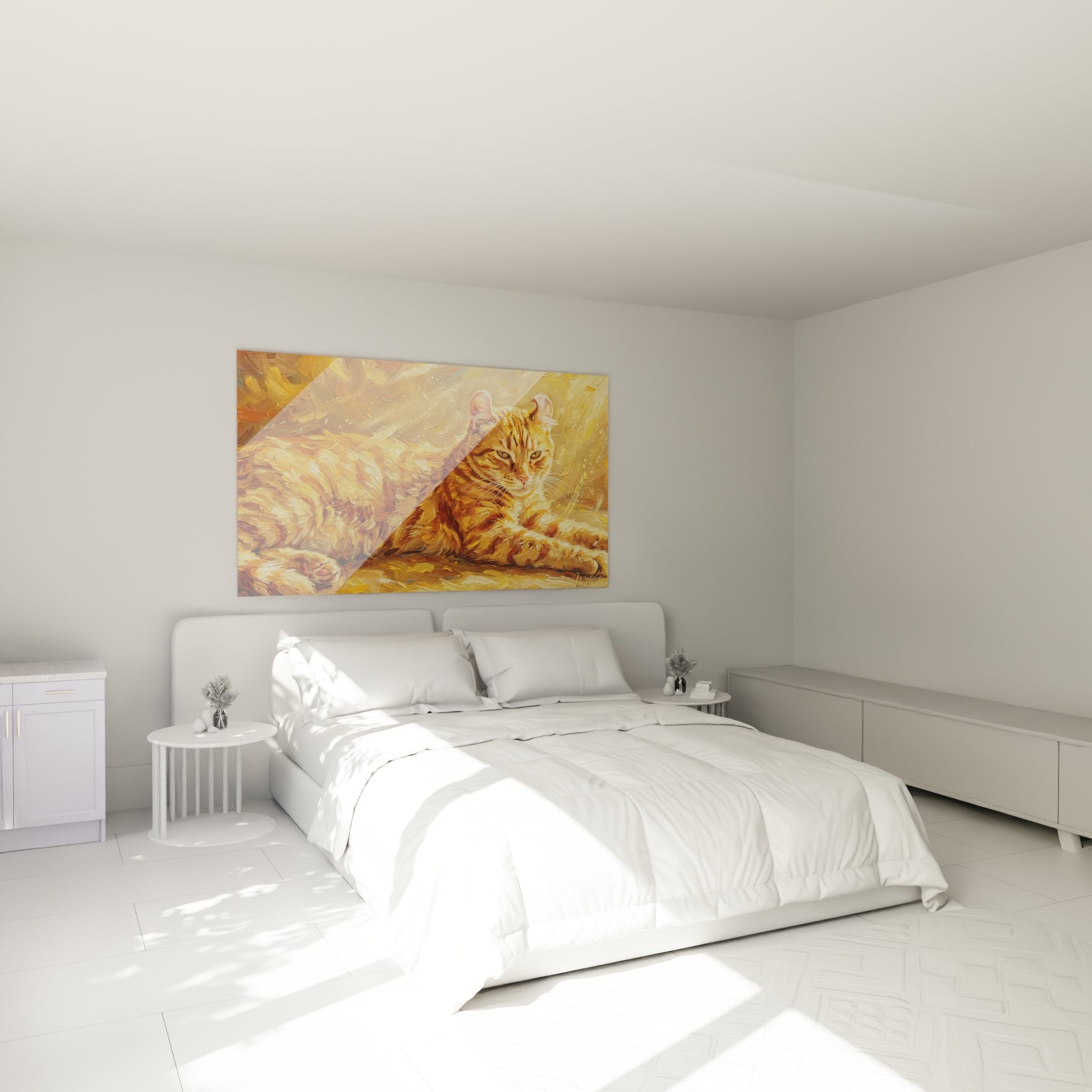 Decorazione camera da letto con quadro gatto American Curl dorato, atmosfera calda e rilassante per interni accoglienti