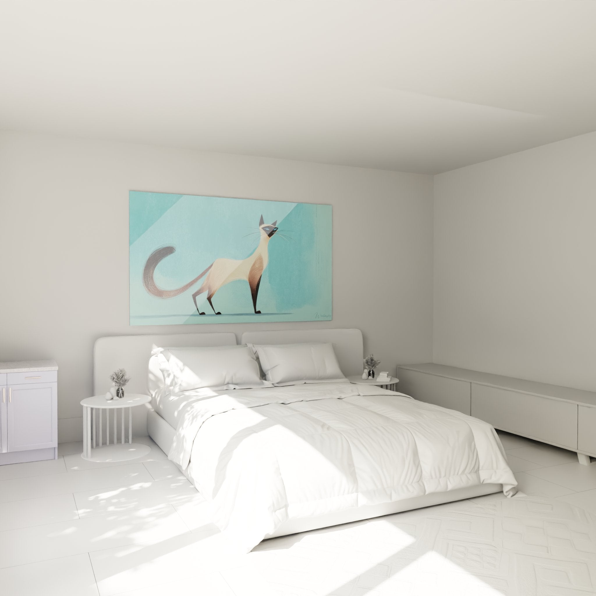 Quadro gatto siamese stilizzato turchese appeso alla parete di una camera moderna e tranquilla