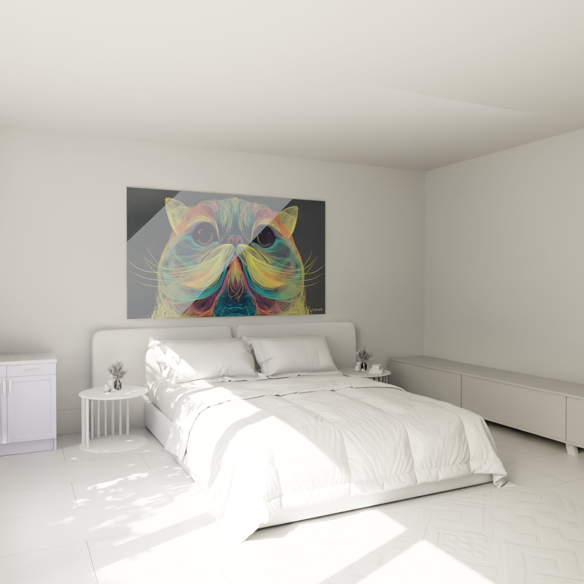 Wanddekoration Katze Exotic Shorthair digital farbig installiert in einem modernen und eleganten Schlafzimmer